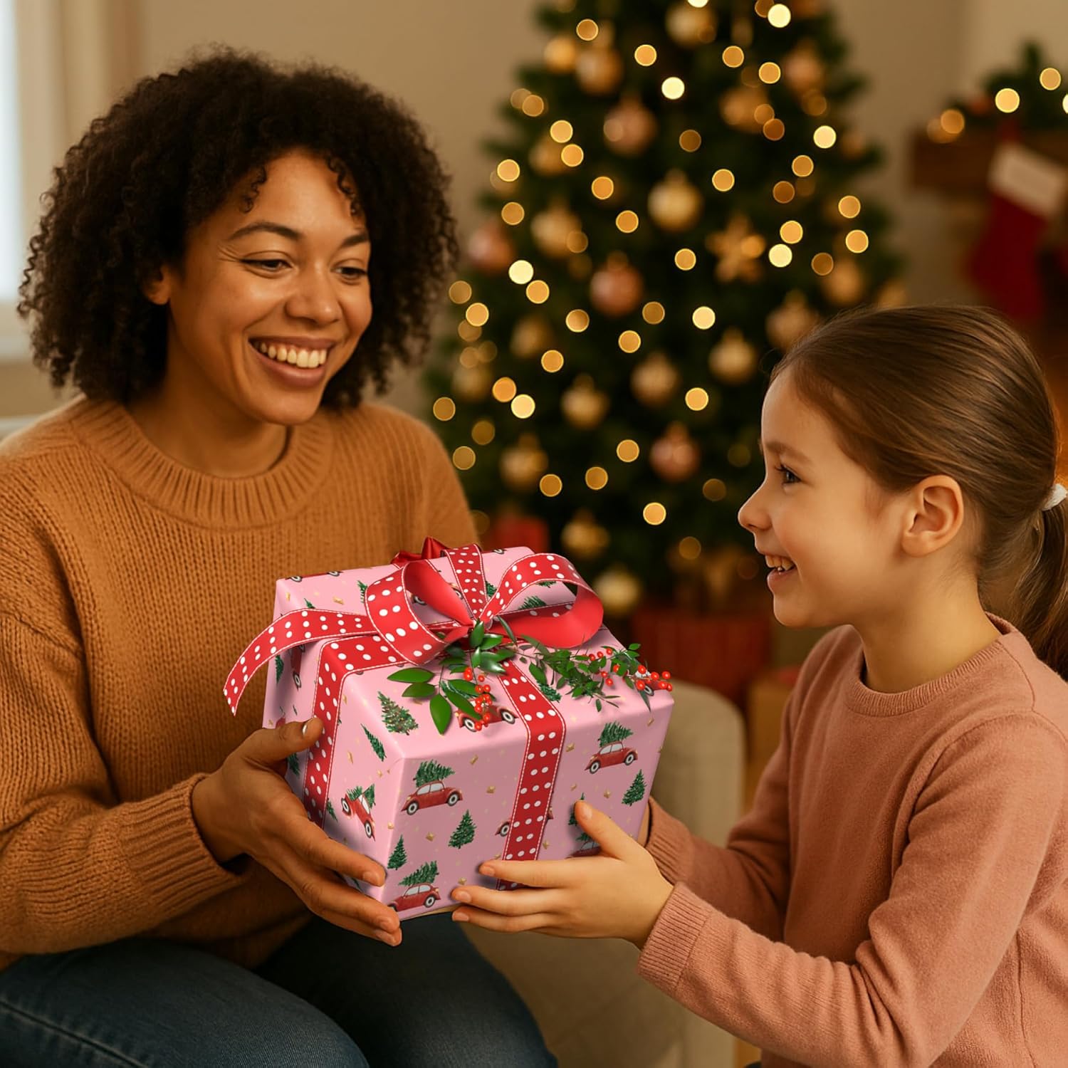 Giolainy Red Car Christmas Wrapping Paper For Kids Men Women - Pink Holiday Gift Wrap With Christmas Trees & Red Car - 4 Sheets (28 X 40 Inches), Easy To Store
