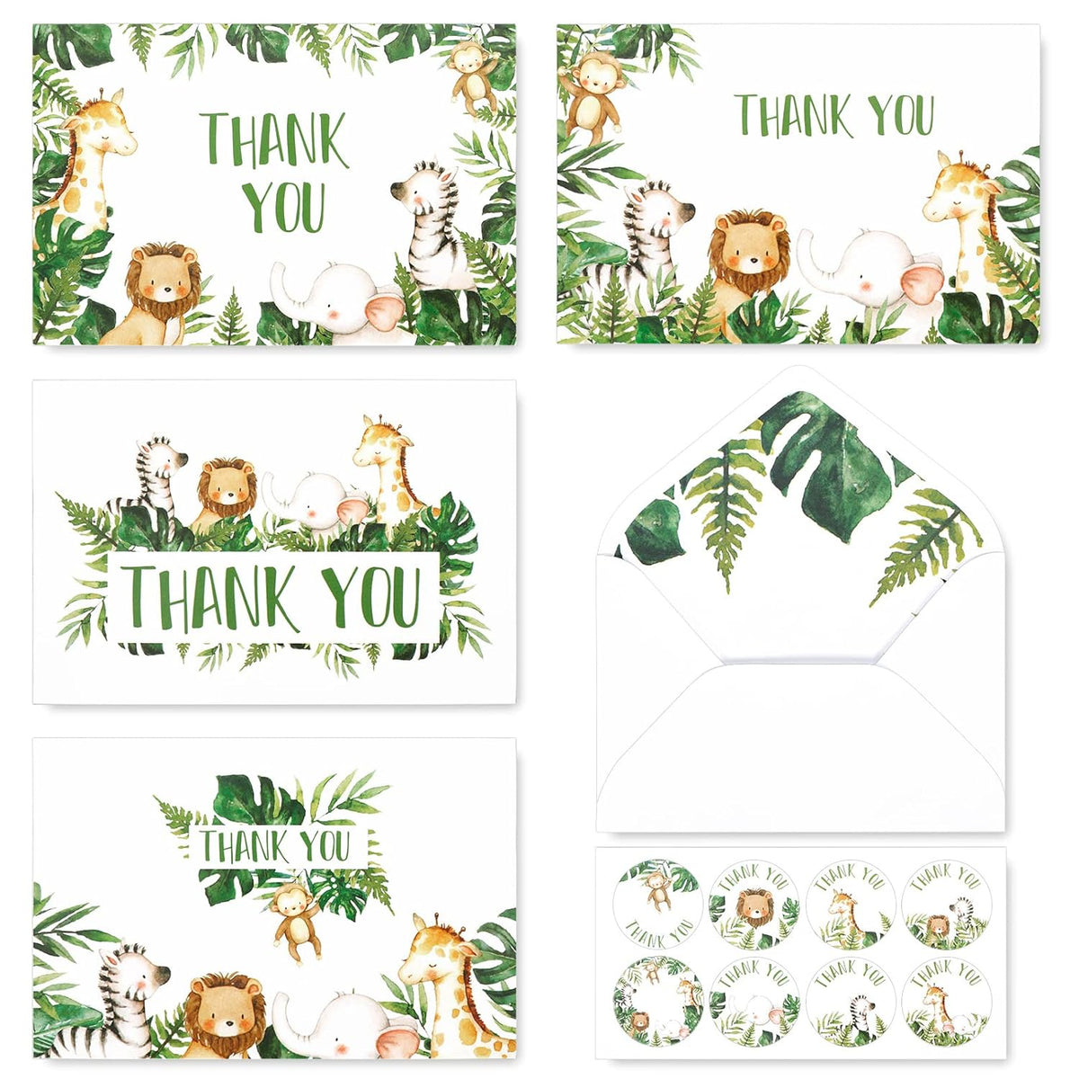 32 Safari Jungle Thank You Cards With Envelopes Stickers Forest Wild Animals Greenery Greeting Note Cards Gratitude Card Pack For Kids Baby Girls Boy Birthday Baby Shower Party Supplies