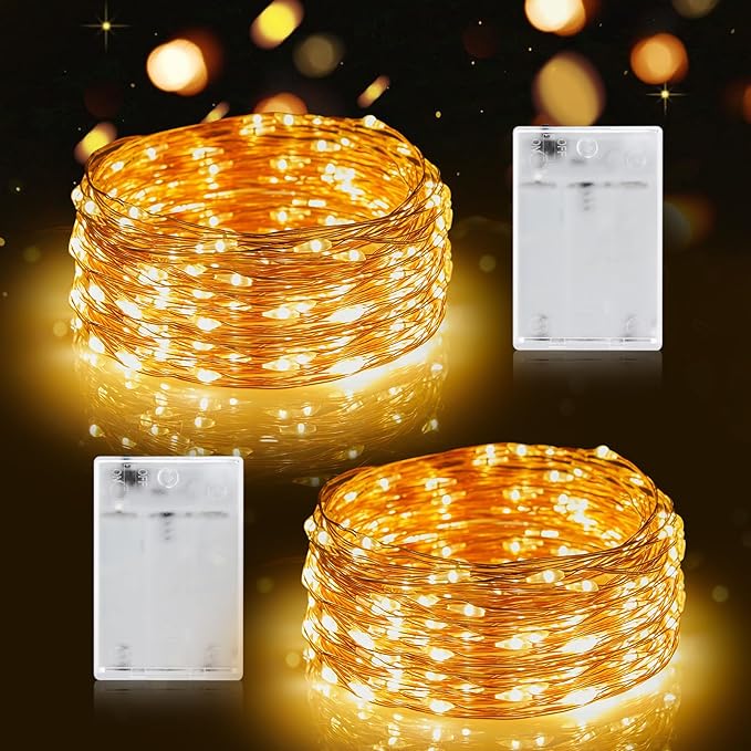 2 Pack 33FT 100 LED Fairy Lights Battery Operated Warm White Waterproof Copper Wire String Lights for Mason Jars Wedding Christmas Party Home Decor