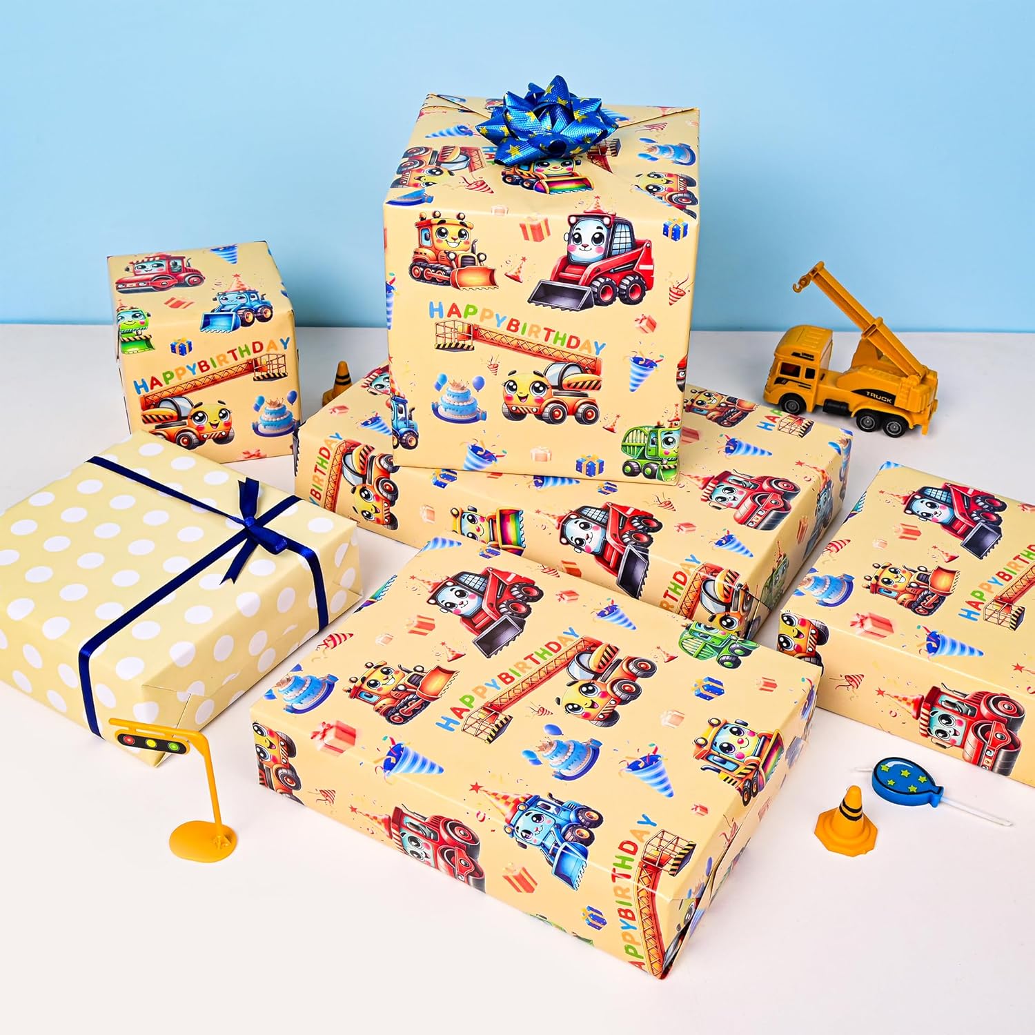 Reversible Construction Birthday Wrapping Paper Roll For Boys Kids - Bulldozers, Rollers Lift, Happy Borthday Text And Yellow Polka Dots Gift Wrap For Holiday Baby Shower Diy Craft Party - 17 In X 20 Ft(Total 28.5Sq.Ft)