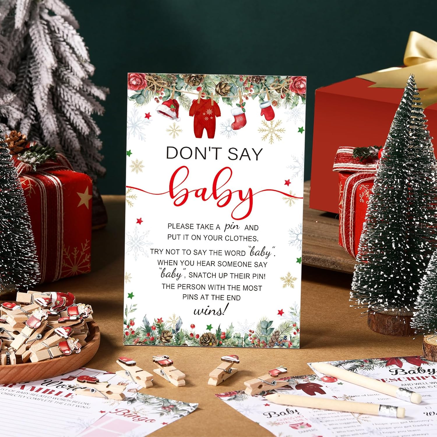 321 Pcs Christmas Santa Baby Shower Game Supplies Include 250 Activity Cards 20 Pencils 1 Don'T Say Baby Sign 50 Clothespins For Price Is Right Prediction Bingo Game Party Decor