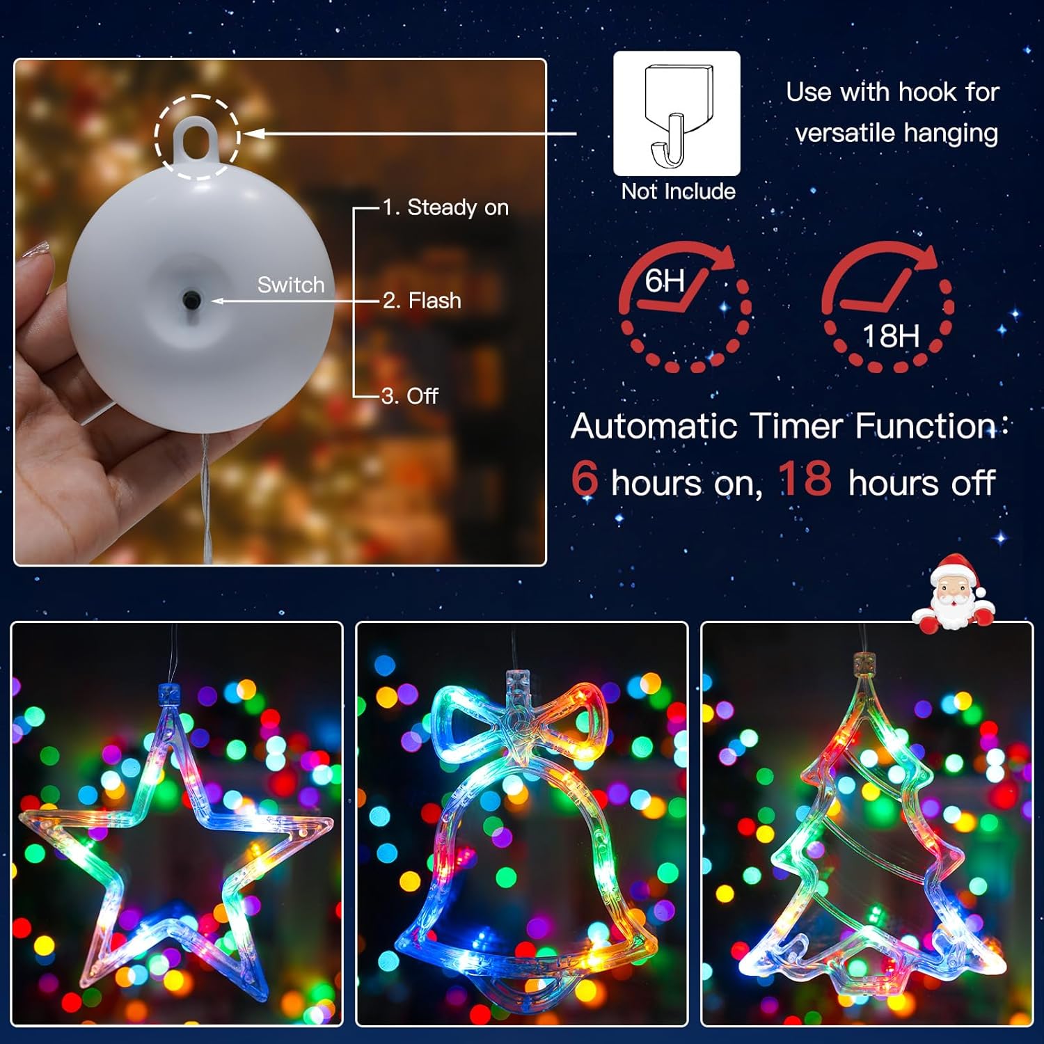 Christmas Window Lights Decorations, 3Pcs Tree-Jingle Bell-Star Shaped Xmas Lights Battery Powered With Suction Cups & T