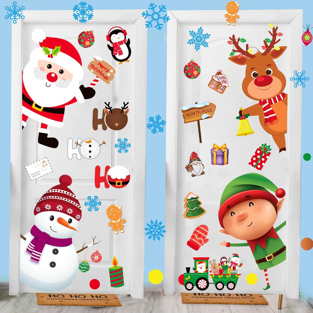 Christmas Door Wall Sticker Decal Removable Large Snowman Santa Reindeer Elf Door Decor Xmas Classroom School Office Bedroom Wall Decoration With Snowflake Merry Christmas Holiday Winter Decor