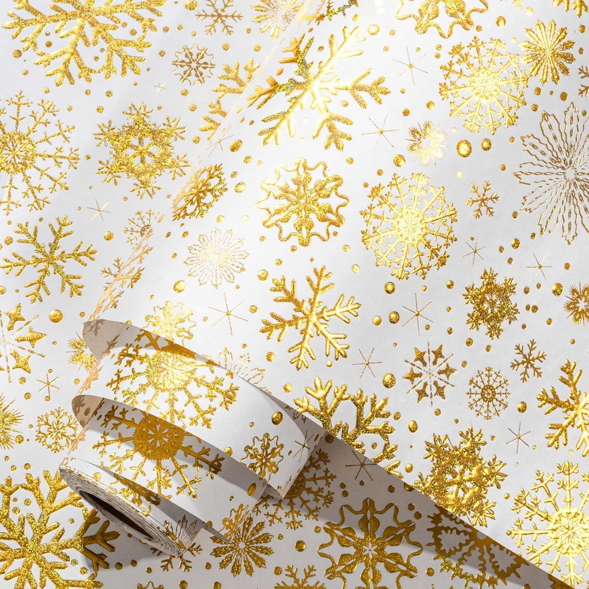 Christmas Wrapping Paper Roll - 3D Embossed Gold Foil Metallic Shine Snowfalkes Gift Wrap For Christmas, Winter Holiday, New Year Celebration - Mini Roll - 17 In X 33 Ft