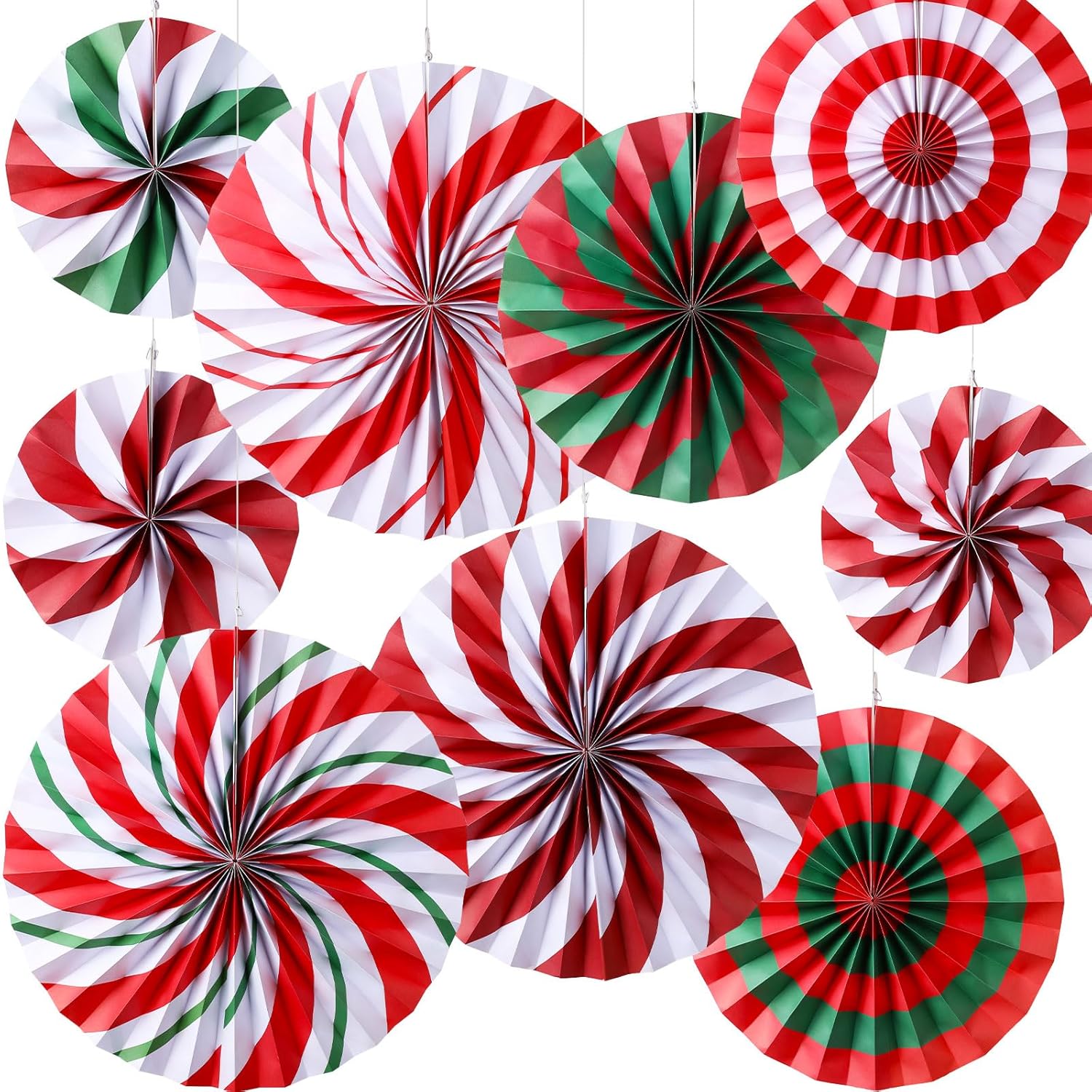 Christmas Hanging Decorations Candy Paper Fans Peppermint Hanging Paper Fans Candy Cane Ceiling Wall Decor For Christmas Party Classroom Birthday Party(9 Pcs,Sweet)
