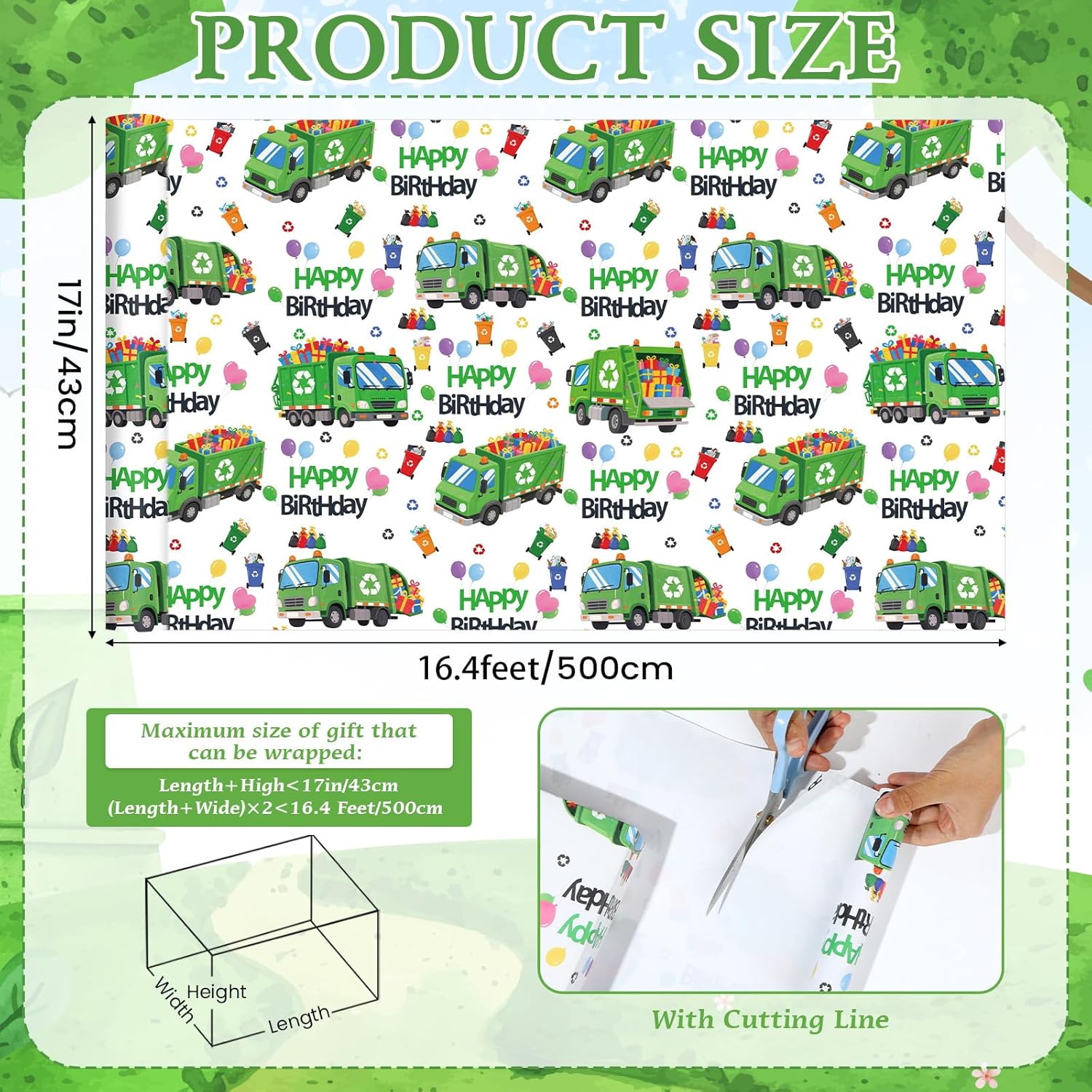 Trash Truck Birthday Wrapping Paper Roll For Boys, Green Garbage Truck Wrapping Paper For Kids Birthday Holiday Baby Shower Party Decorations, 17 Inch X 16.4 Feet