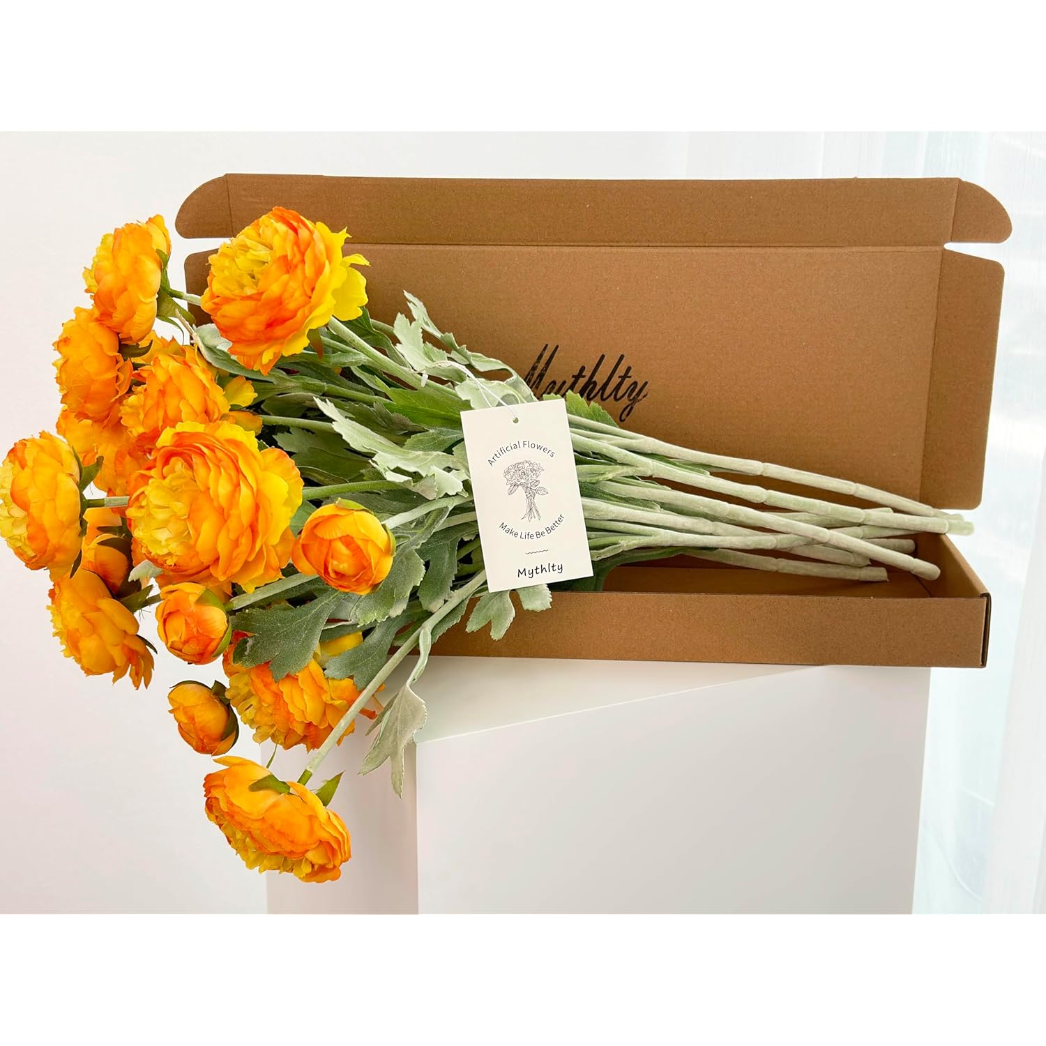 7 Pcs Orange Peonies Artificial Flowers, Fake Ranunculus For For Vase, Fake Silk Flowers For Home Table Centerpiece Office Desk Farmhouse Kitchen Dining Coffee Table Decoration (Light Orange)