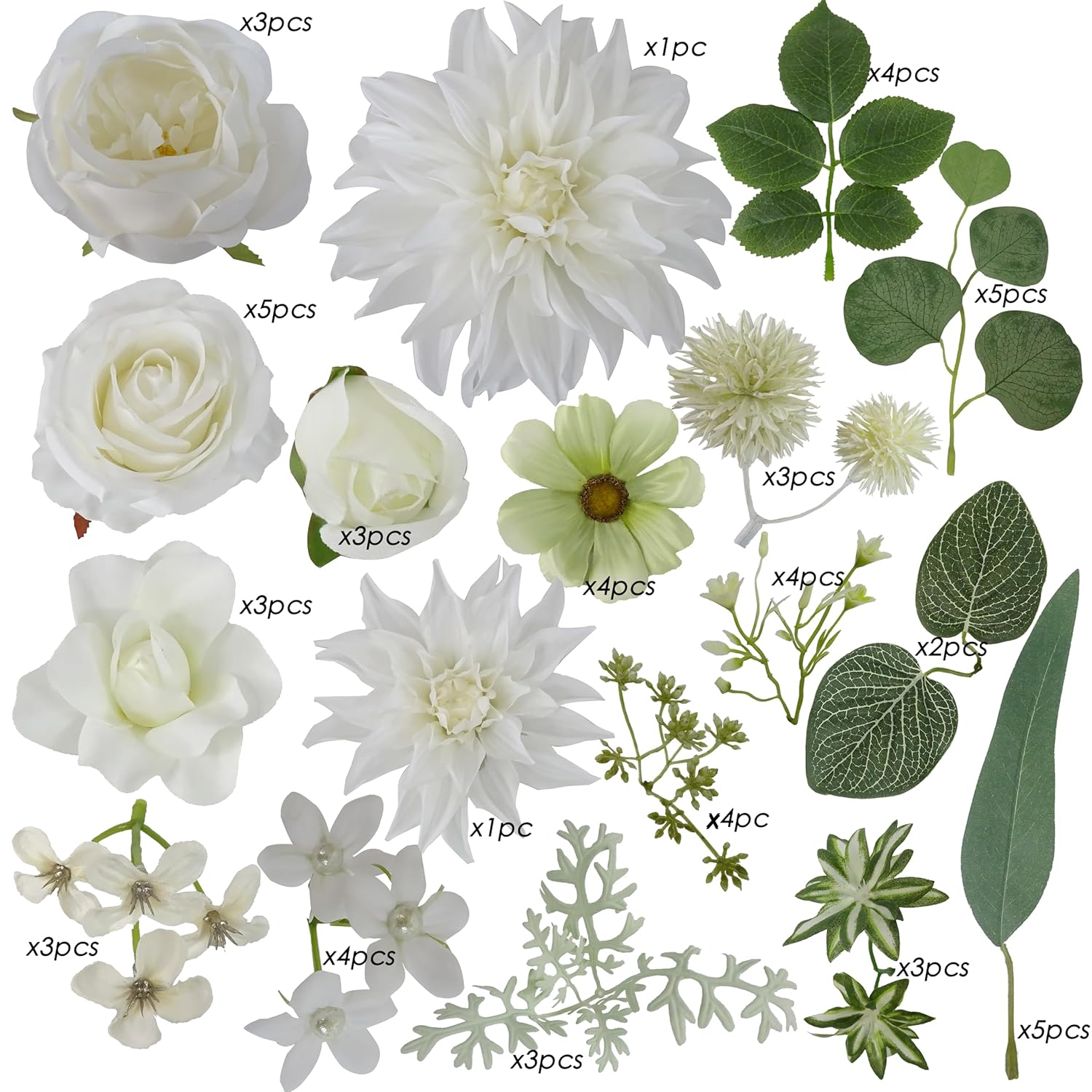 Artificial Flower Box Set For Diy Wedding Bridal Bouquet Centerpiece Arrangement Ceremony Party Baby Shower Home Decoration (Fake Faux Dahlia Peony Gardenia Daisy Rose Filler) (Pearl White)