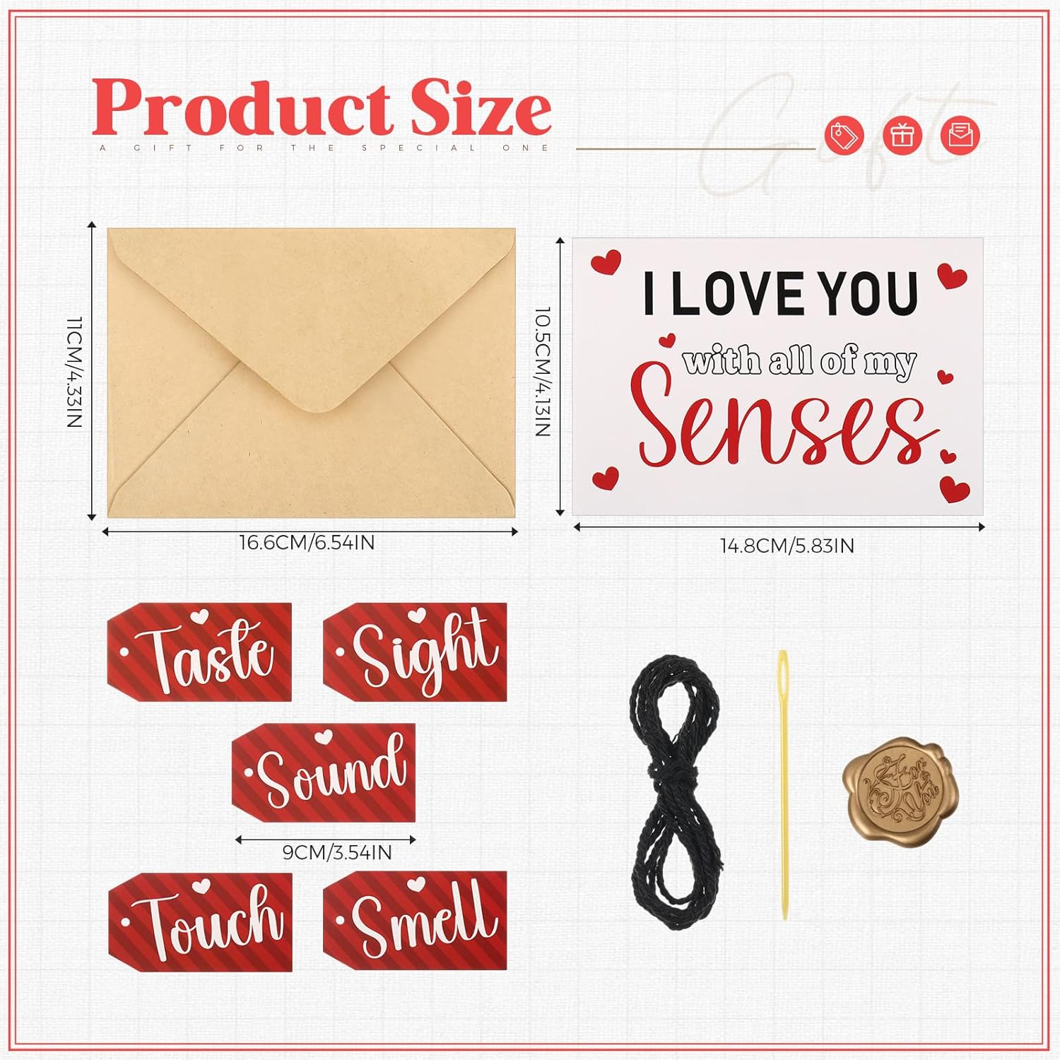 Five 5 Senses Gift Cards For Him Her With Labels Set I Love You With All Of My Senses Gift Greeting Card For Anniversary Birthday Valentines Day Boyfriend(Kraft,Red)
