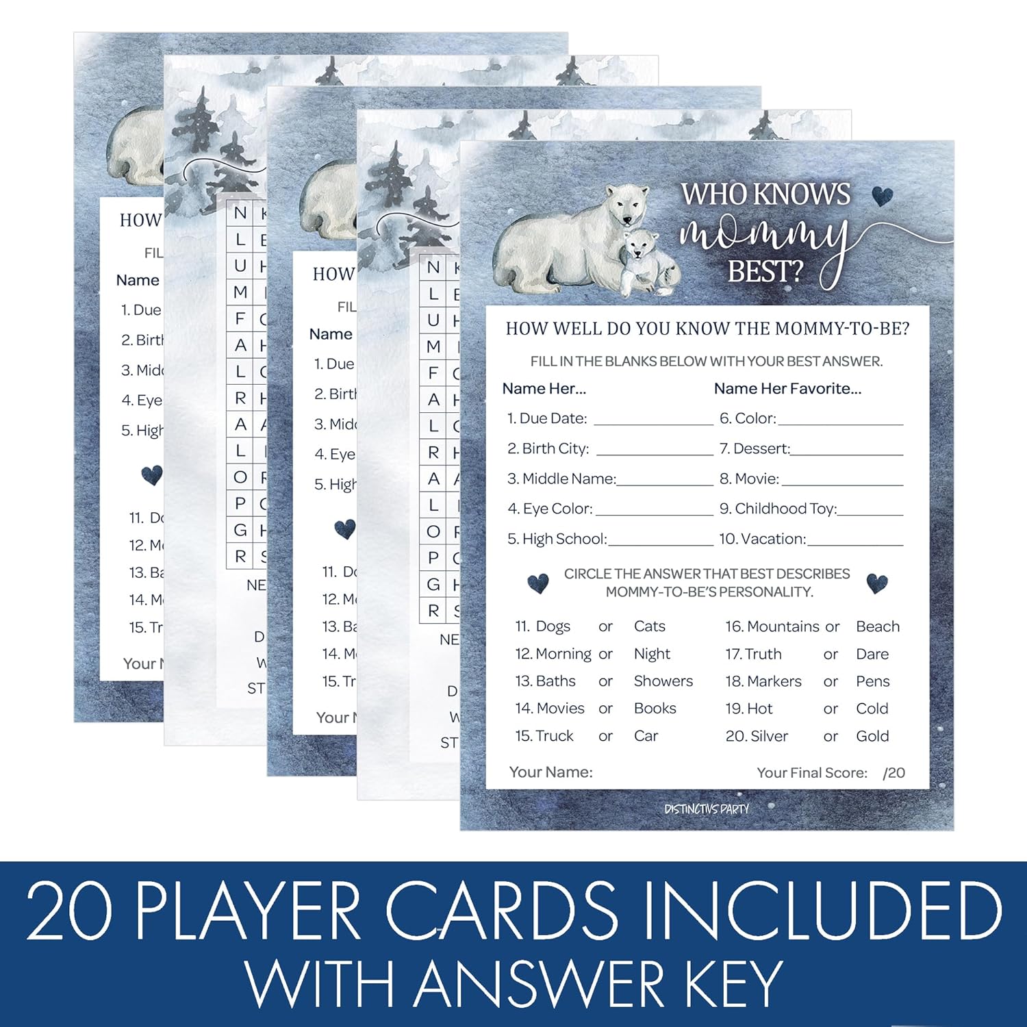 Polar Bear Winter Baby Shower Party Games - Who Knows Mommy Best And Word Search (2 Game Bundle) - 20 Cards, Baby It'S Cold Outside