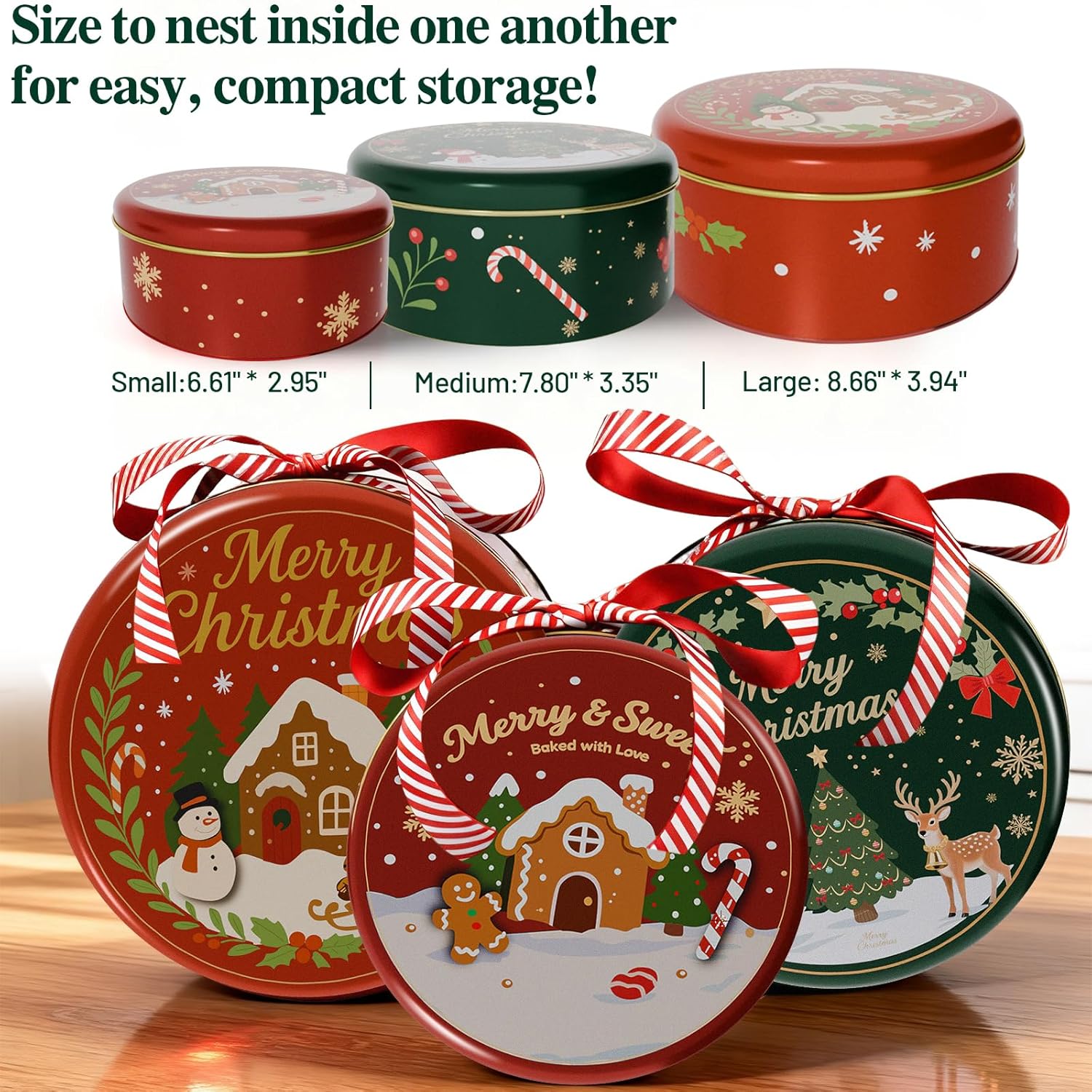 Christmas Cookie Tins With Lids – 3 Pack Holiday Cookie Containers With 16.5Ft Ribbon, Festive Round Metal Nesting Tins For Gift Giving, Baking & Treat Storage