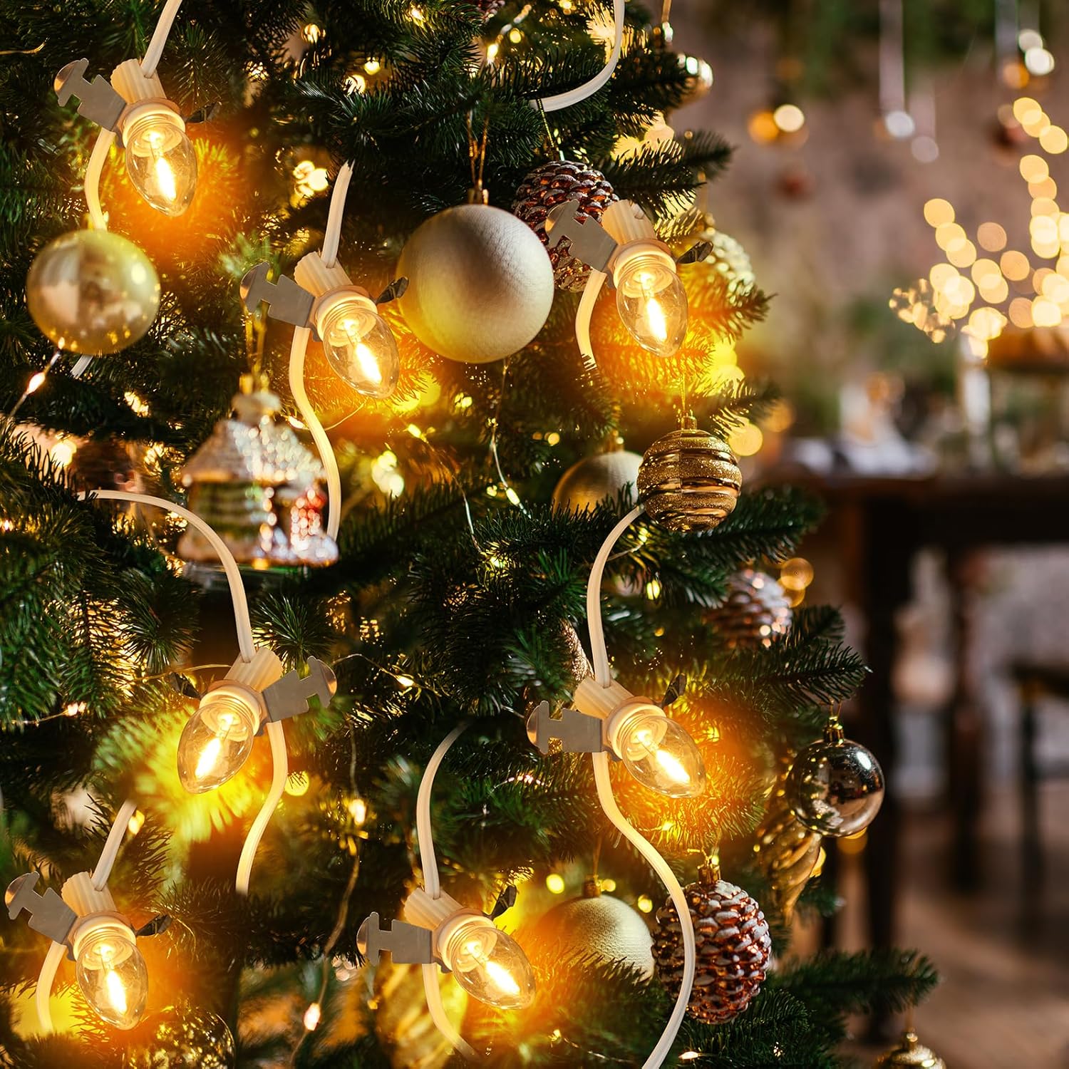C7 Accessory Cord With 12 Led Light Bulbs And Outlet Christmas Village Light 14.76 Ft With Spare Fuse Warm White Lamp Fo