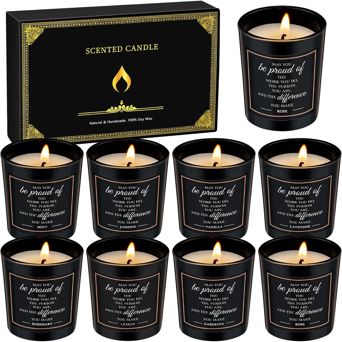 8 Pcs Employee Teacher Appreciation Gifts Scented Candles Gift Set Inspirational Soy Wax Jar Candle For Employee Teachers Presents Thank You Gift For Coworker Women Men, 8 Fragrances (Proud)
