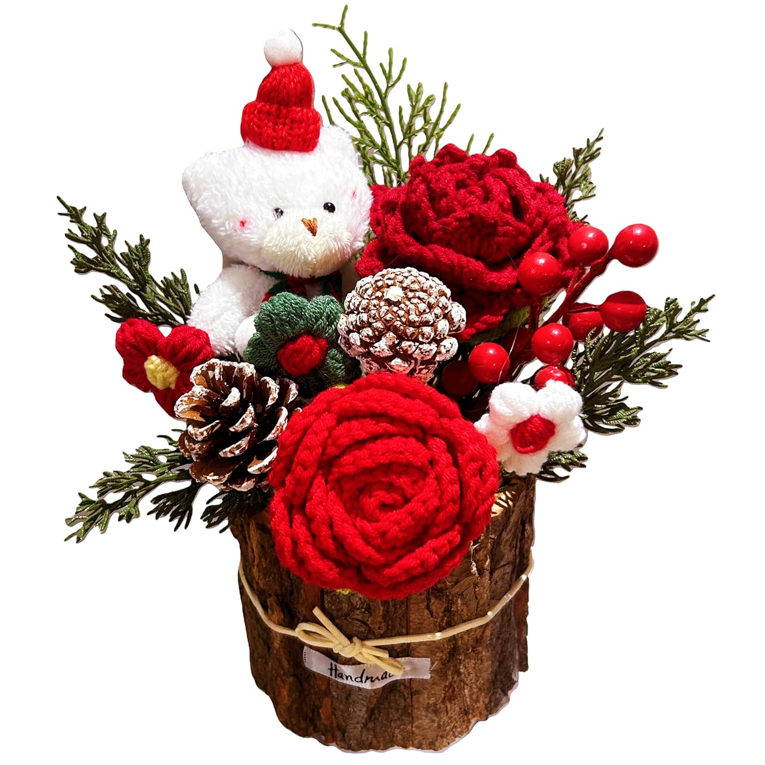 Crochet Flowers, Sunflower Tulip Rose In Wooden Basket, Crochet Flower Bouquet, Carnation, Preserved Flower, Handmade Knitted Bouquet For Mother Birthday Home Decor Girlfriend (Red)