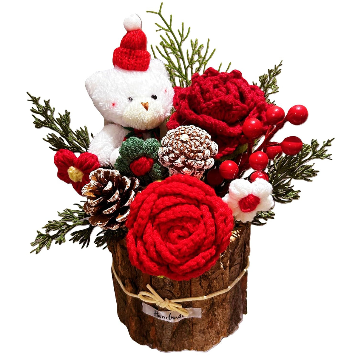 Crochet Flowers, Sunflower Tulip Rose In Wooden Basket, Crochet Flower Bouquet, Carnation, Preserved Flower, Handmade Knitted Bouquet For Mother Birthday Home Decor Girlfriend (Red)