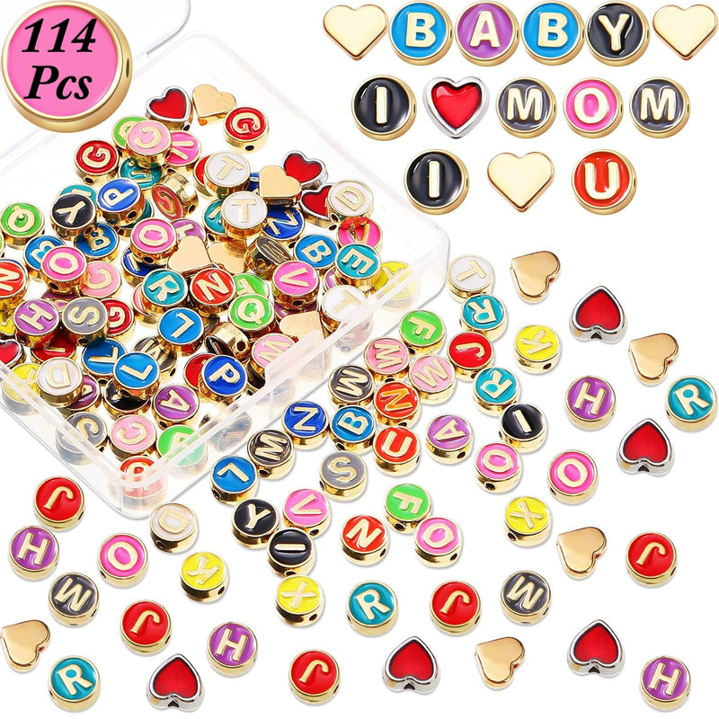 114 Pcs Alloy Enamel Alphabet Letter Beads 8 Mm Flat Round With Letter A-Z Bea