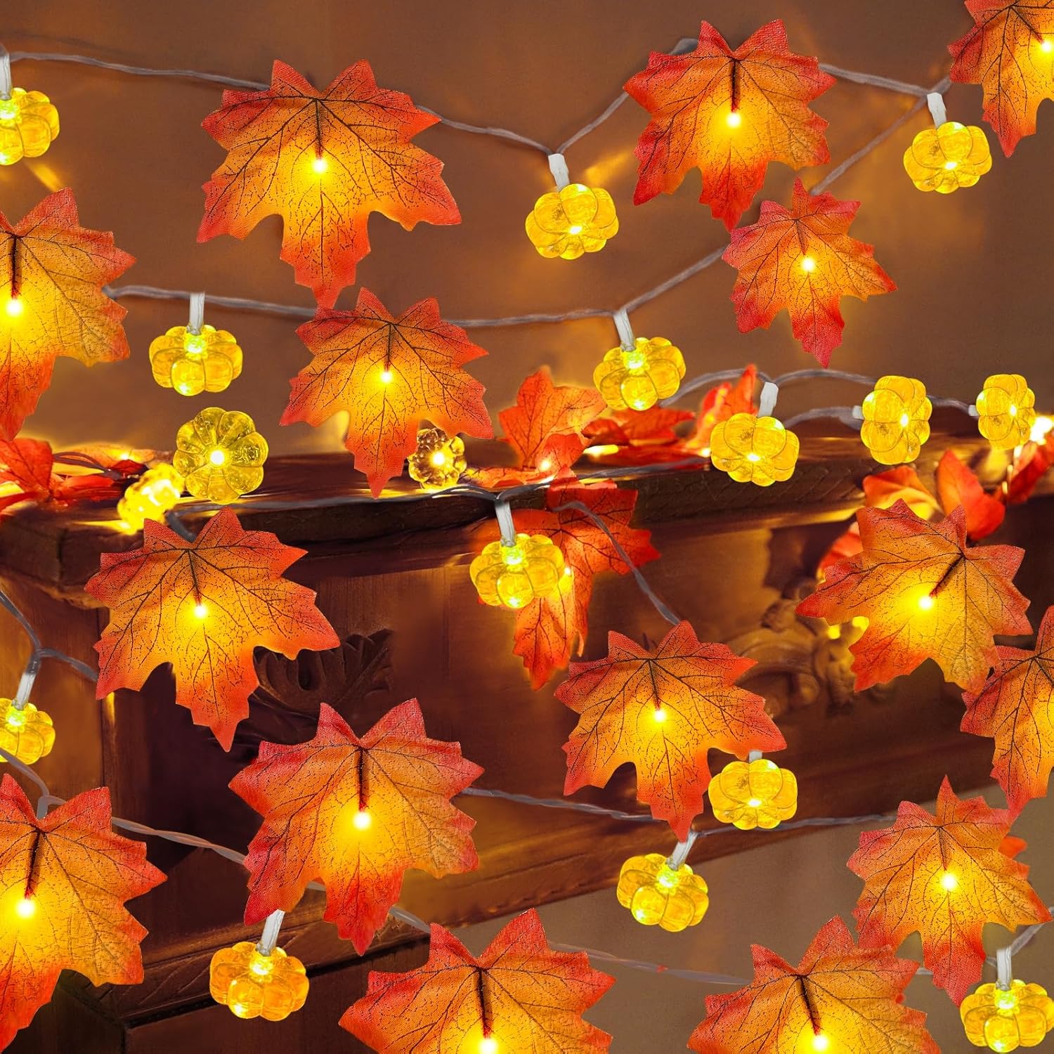 2 Pack & Timer - Thanksgiving Decorations Fall Garland With Pumpkin Lights Fall Decorations For Home, Total 60Led 20Ft M