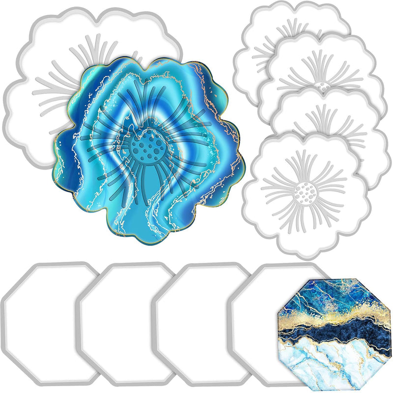 8 Pieces Coaster Silicone Resin Molds Set Include 4 Flower Coaster Res