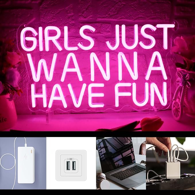 Girls Just Wanna Have Fun Neon Sign Pink USB LED Wall Light for Teen Bedroom Wedding Party Decor