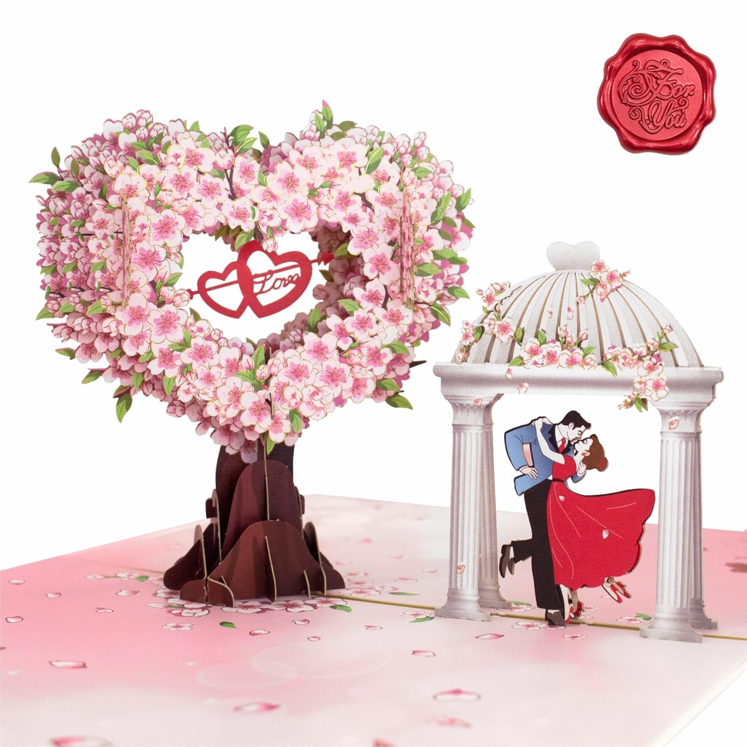 Pop Up Anniversary Card - 3D Cherry Blossom Heart Tree, Couple & Wishing Pavilion Love Card - Ideal Pop Up Wedding Card For Anniversary, Valentine’S, Birthday (6X8 Inches) | For Wife, Husband, Her, Him, Girlfriend, Couple