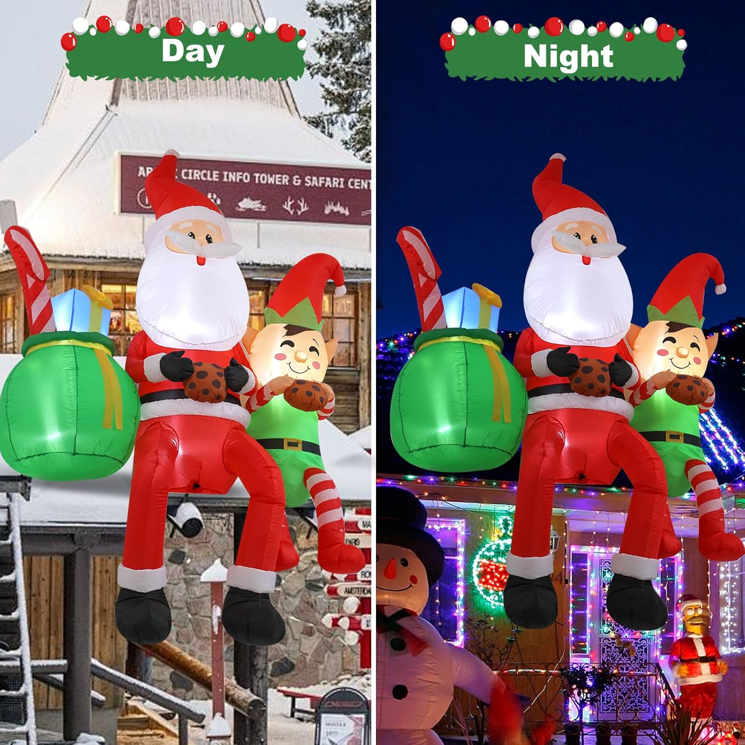 8Ft Santa Claus Sitting On The Roof Christmas Inflatable Decoration With Led Lights, Suitable For Holiday Celebration De