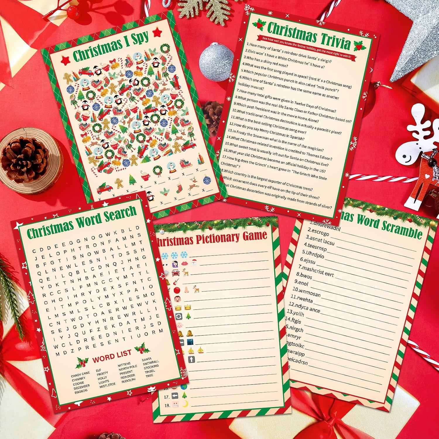 130Pcs Christmas Party Games Cards Set Xmas Trivia Pictionary Word Search Scramble Christmas I Spy Games Fun Holiday Activity For Family Friend Group Winter Xmas Holiday Party Supplies (Vintage)