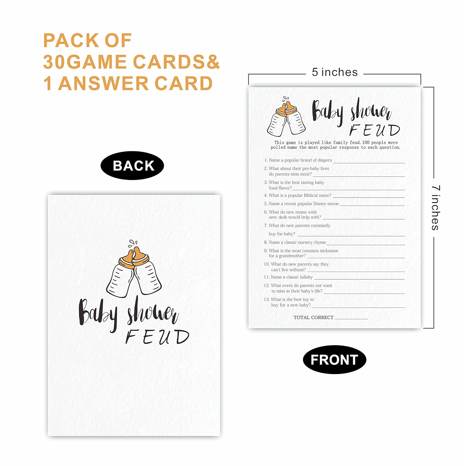 Baby Shower Game Cards, 30 Popin Bottle Theme Baby Shower Feud, 5 X 7 Inches Double Sided Fill-In Game Cards For Boys Or Girls, 30 Cards & 1 Answer Card, Party Favor & Supplies-Bbyx-B06