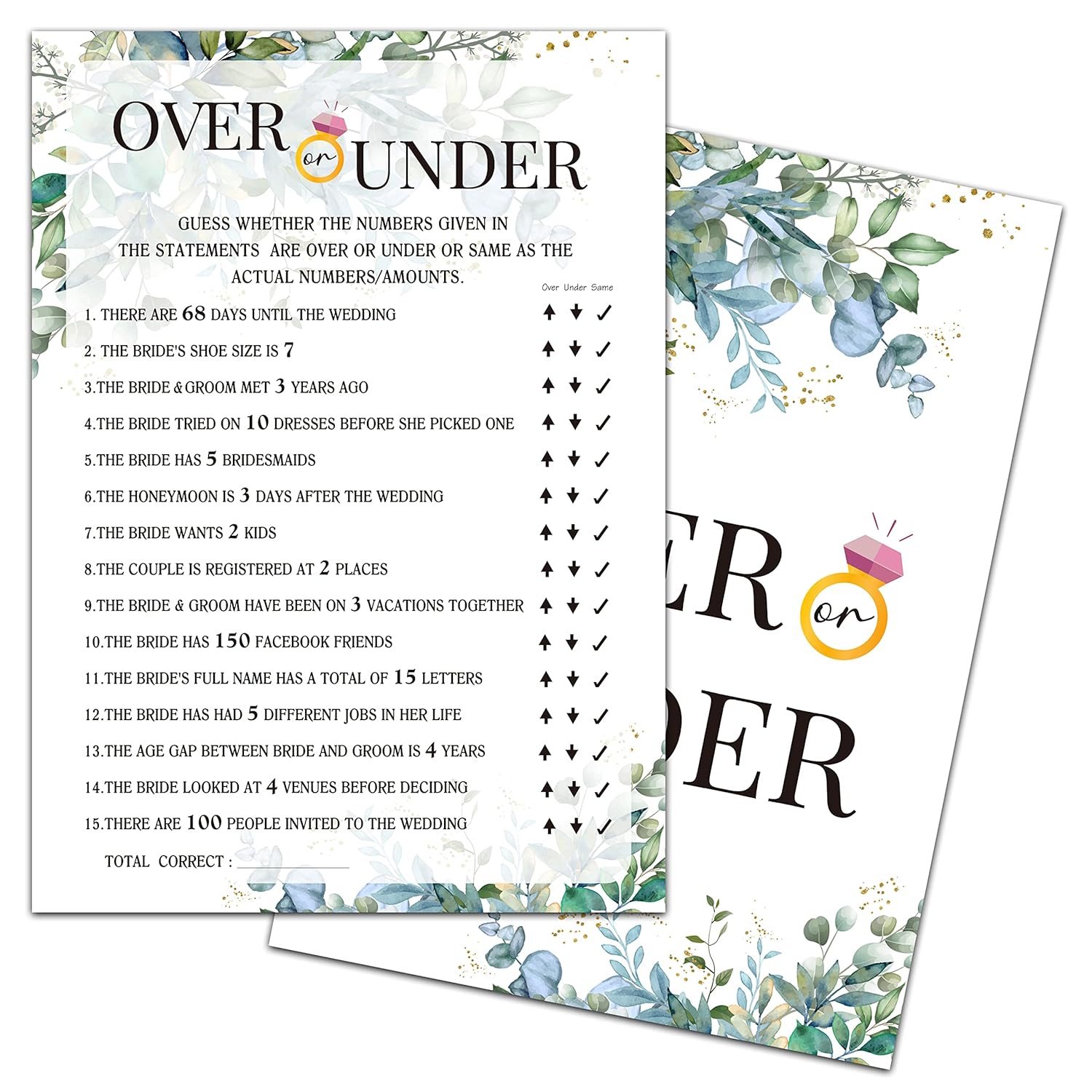 Eucalyptus Bridal Shower Game, Tropical Jungle Wedding Party Game, Greenery Theme Over Or Under Game, Bachelorette Party Activities & Decorations -30 Game Cards(05)