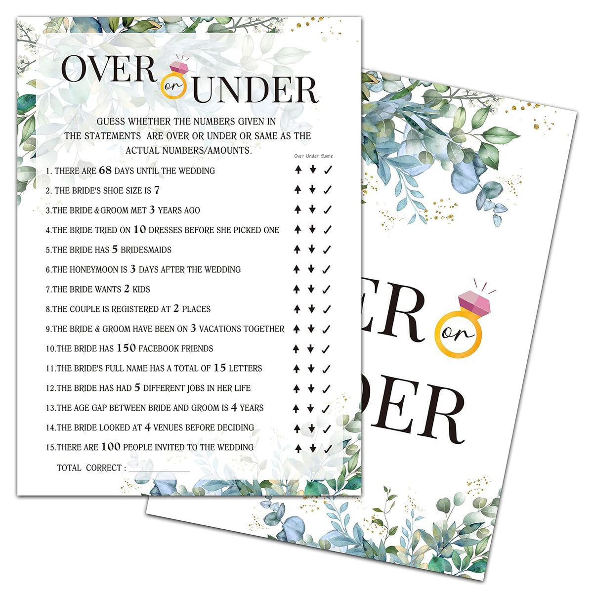 Eucalyptus Bridal Shower Game, Tropical Jungle Wedding Party Game, Greenery Theme Over Or Under Game, Bachelorette Party Activities & Decorations -30 Game Cards(05)
