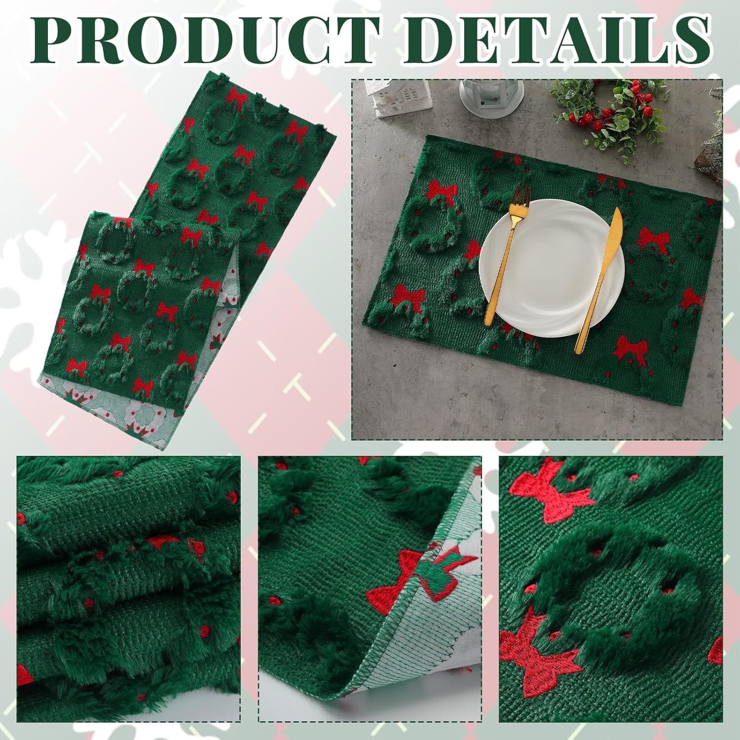 5 Pcs Dark Green Christmas Wreath Table Runner With Placemats Soft Plush Faux Fur 3D Jacquard Table Runner 13 X 72 Inch Winter Kitchen Dining Decor For Home Xmas Holiday Party Decor