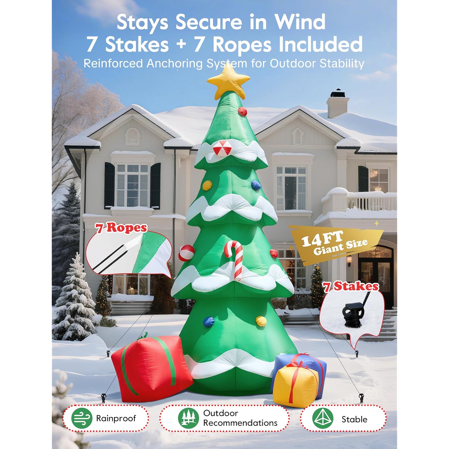 14Ft Christmas Tree Inflatable Outdoor Decoration, Giant Christmas Inflatables Tree With 3 Gift Boxes, Lighted Christmas