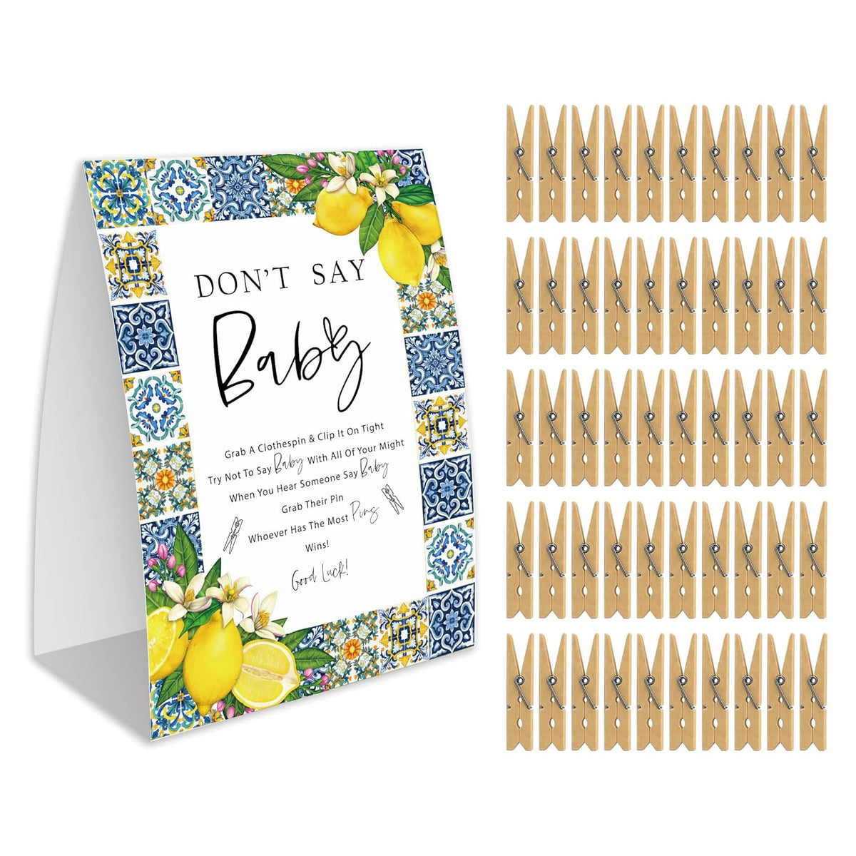 Don'T Say Baby Game For Baby Shower, 50 Wooden Clothespins And One Sign, Positano Blue Tiles Lemon Mediterranean Theme, Pins For Baby Shower Decorations, Gender Reveal Games Baby Shower Supplies-Bb32