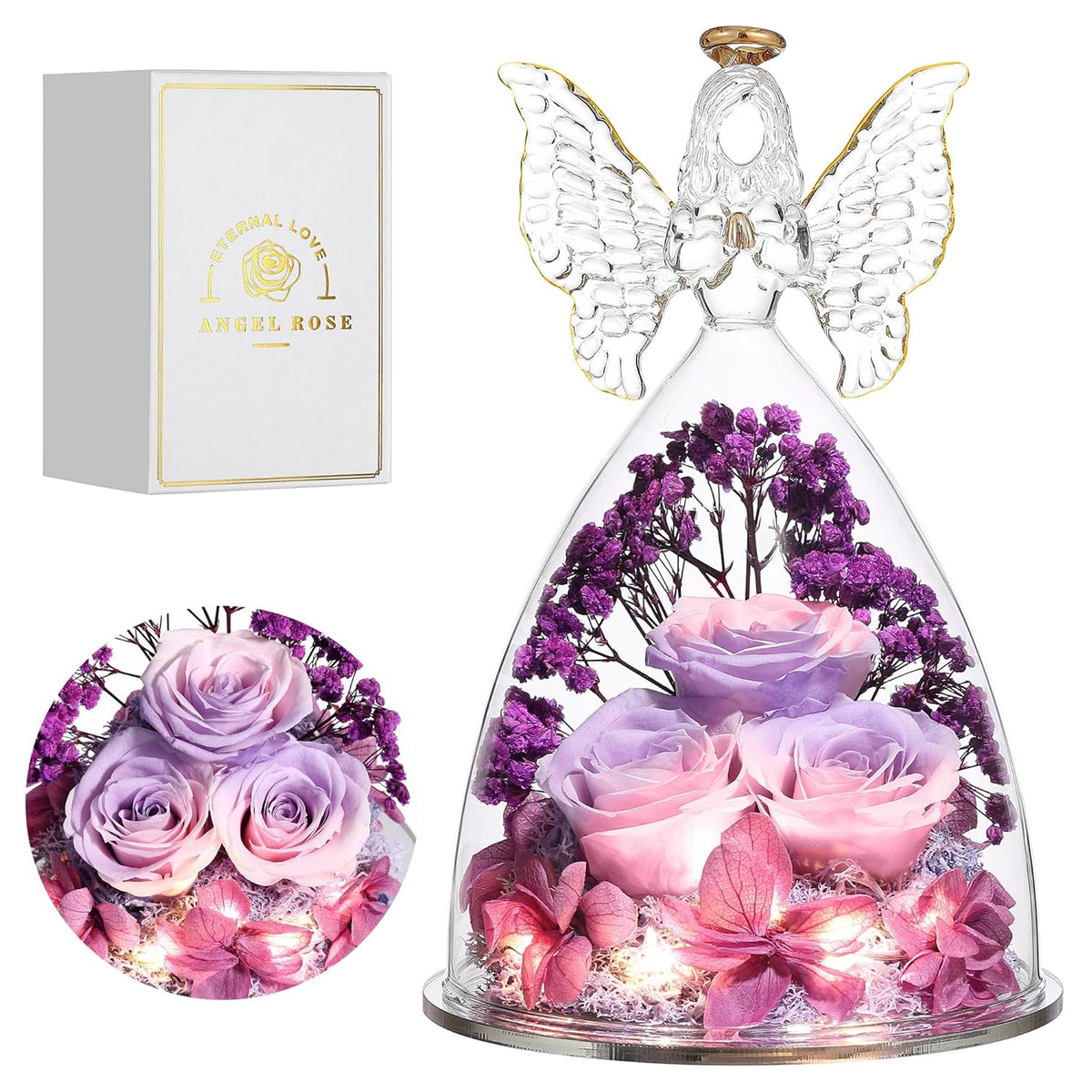 Christmas Rose Gifts For Women Preserved Real Flower In Glass Angel Figurines Roses For Delivery Prime Birthday Gifts For Mom Grandma Girlfriend Wife Her, Pinkpurpurple