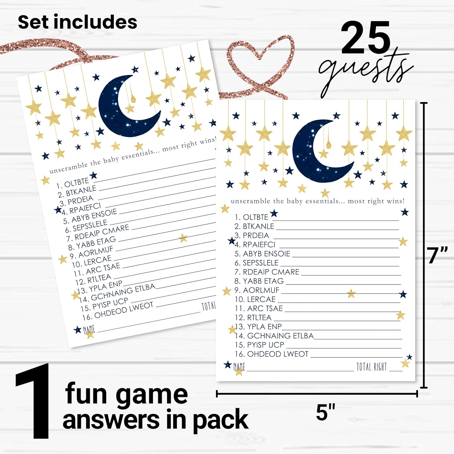 Twinkle Little Star Baby Shower Games For Boys - Word Scramble - Gender Neutral Activities For Guests - Celestial Theme In Blue And Gold - 25 Cards, 5X7