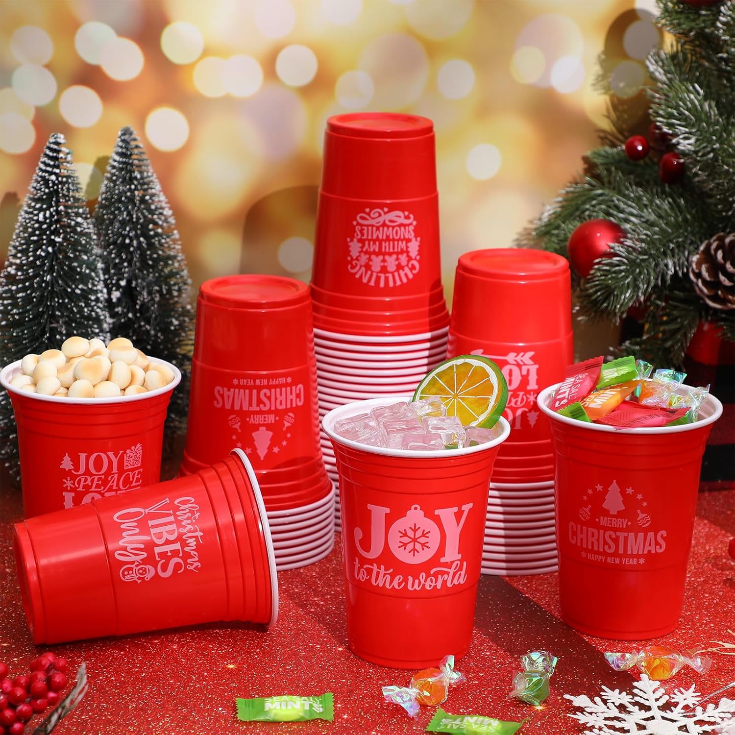 50 Pcs 16 Oz Disposable Christmas Plastic Cups Christmas Plastic Party Cups Red Merry Joy Christmas Cups Bulk For Drinking Xmas Holiday Party Decoration Beverage Snacks Beer, 5 Styles