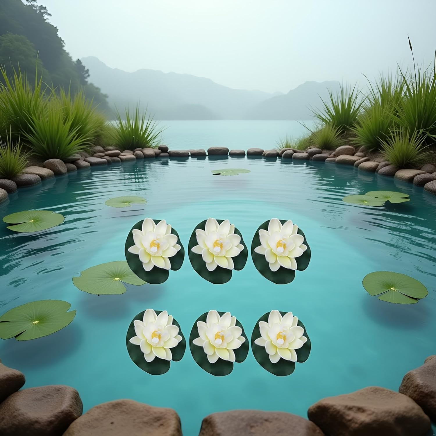 6Pcs White Artificial Floating Foam Lotus Flowers With Water Lily Pad Ornaments, Perfect For Patio Koi Pond Pool Aquarium Home Garden Wedding Party Holiday Decoration Water Gardens And Ponds