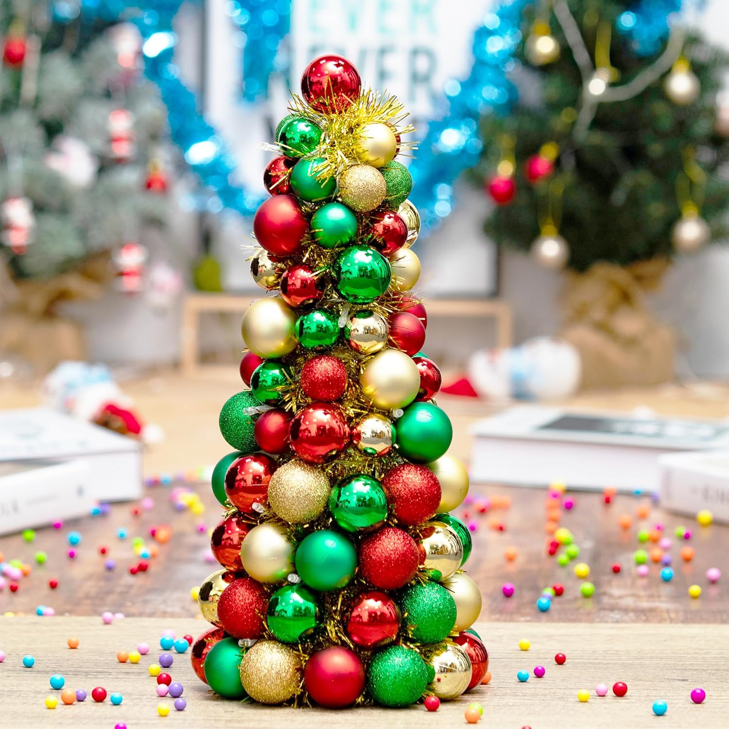 16In Christmas Ball Tree With Led Lights Table Centerpiece Fireplace Decor Indoor Holiday Party Home Decoration Red Gold Green
