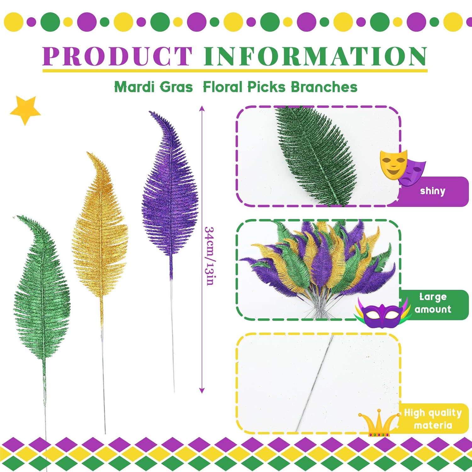 48 Pcs Mardi Gras Glitter Leaves Feather 13.4'' Faux Sparkly Feather Leaves Mardi Gras Party Decoration Plant Decor Twig Wreath Garland Mardi Gras Pick For Craft Sprays Artificial Leaves Gift