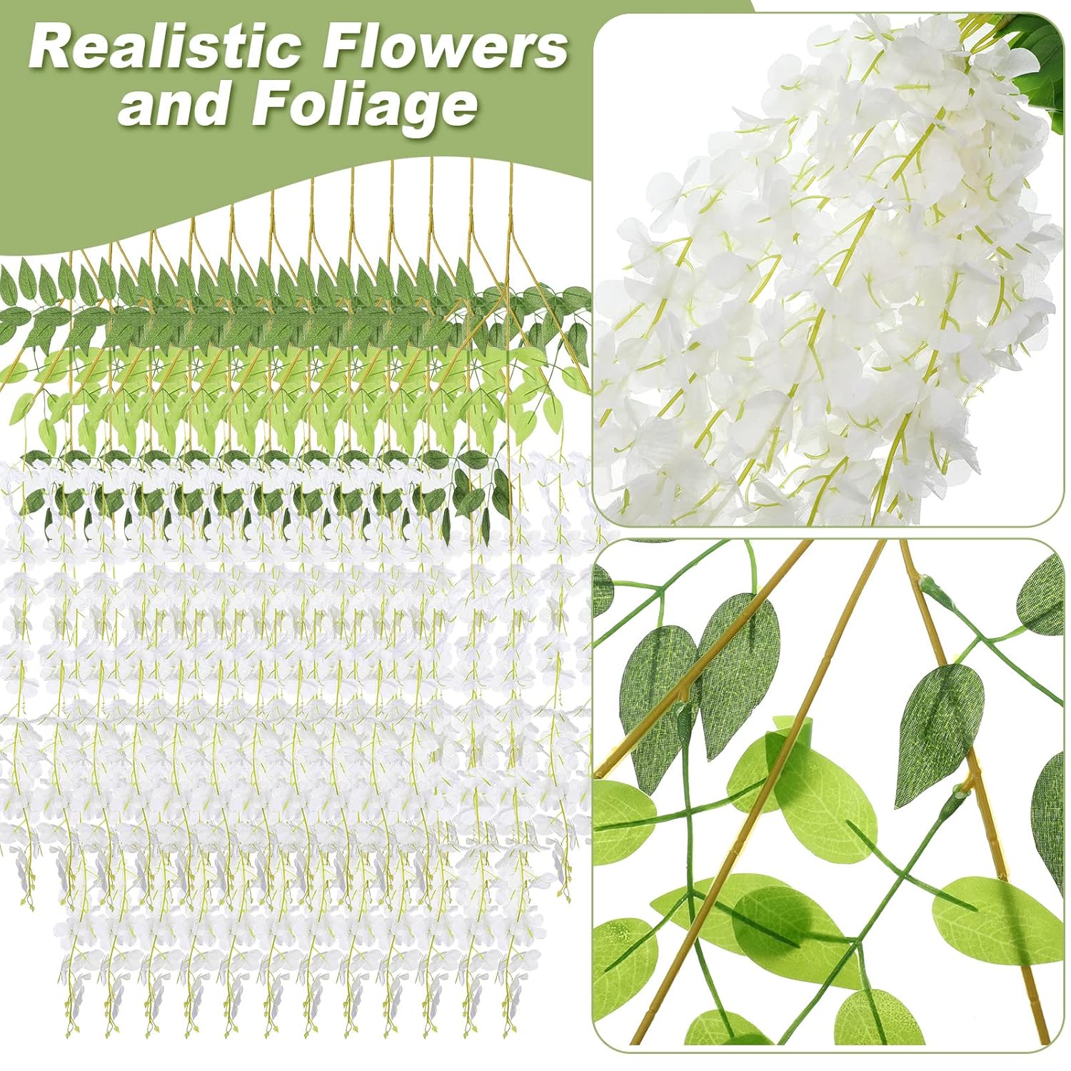 108 Pack 43.2 In/ 3.6 Ft Artificial Fake Wisteria Hanging Flowers Wisteria Faux Flowers Garland Silk Vine Rattan Long Hanging Flowers String For Home Outdoor Wedding Party(Milky)