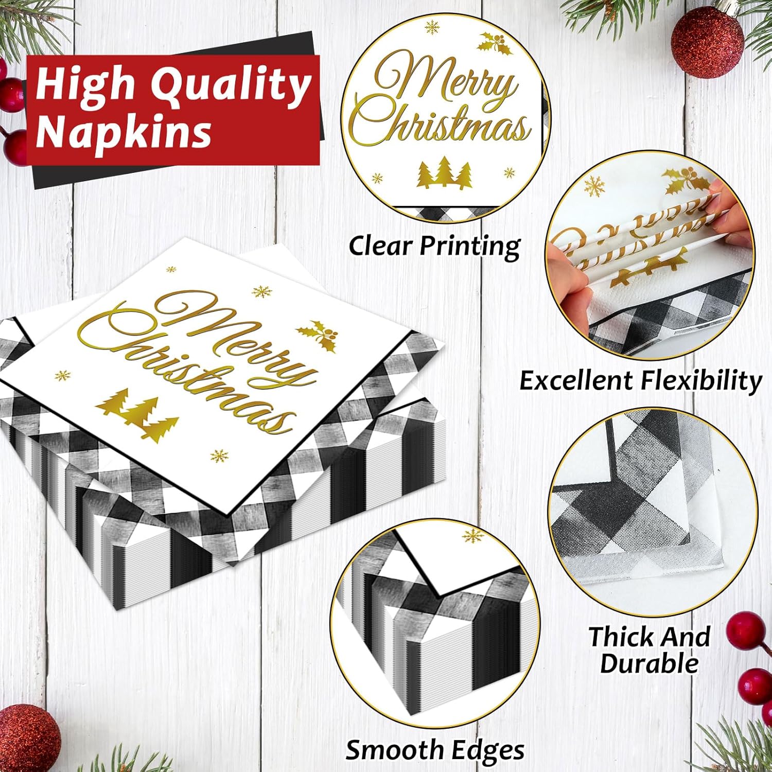 100Pcs Christmas Paper Plates And Napkins Set Black Buffalo Plaid Plates Christmas Party Supplies Xmas Tree Disposable Dinnerware Tableware Set For Holiday Winter Party Decoration Serve 25