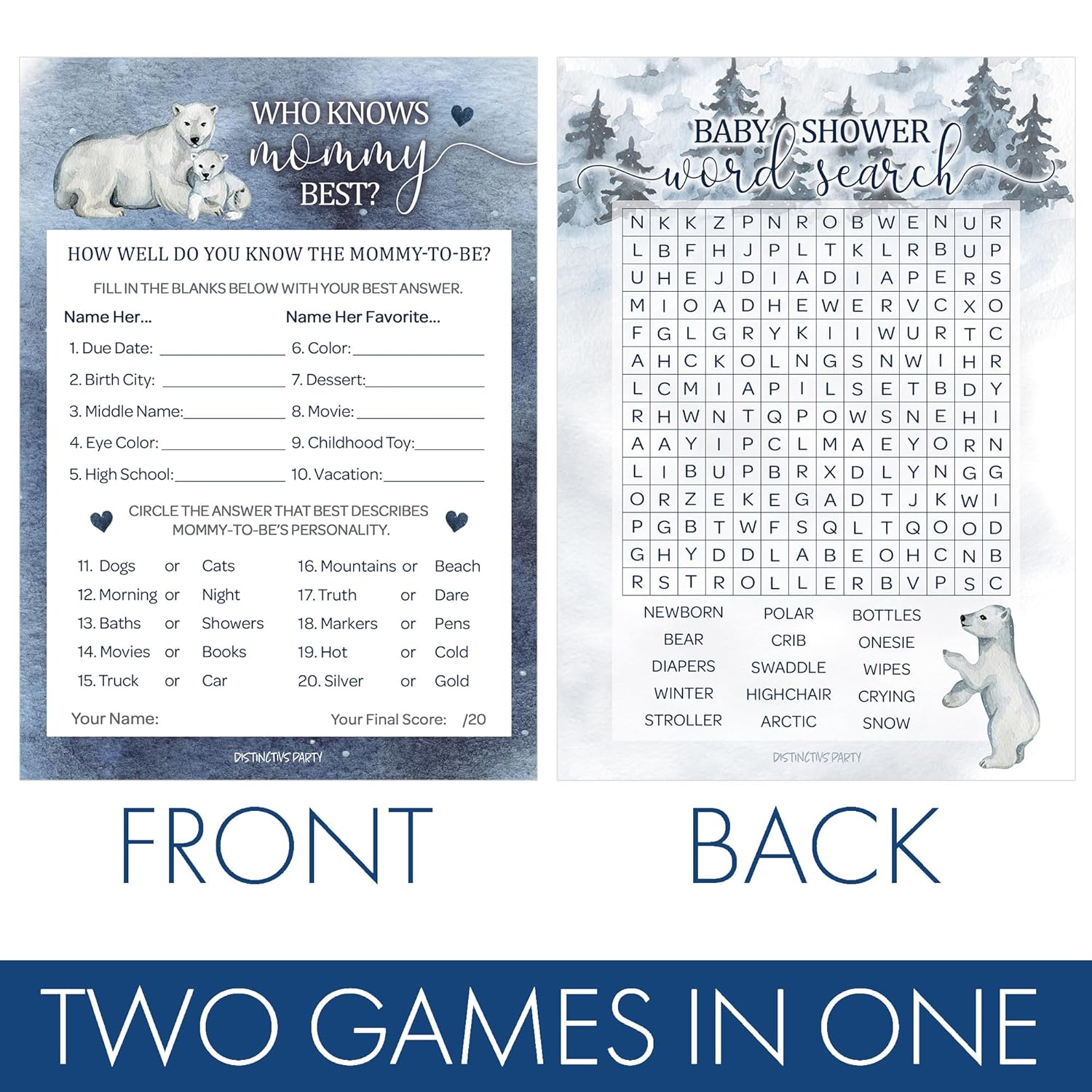 Polar Bear Winter Baby Shower Party Games - Who Knows Mommy Best And Word Search (2 Game Bundle) - 20 Cards, Baby It'S Cold Outside