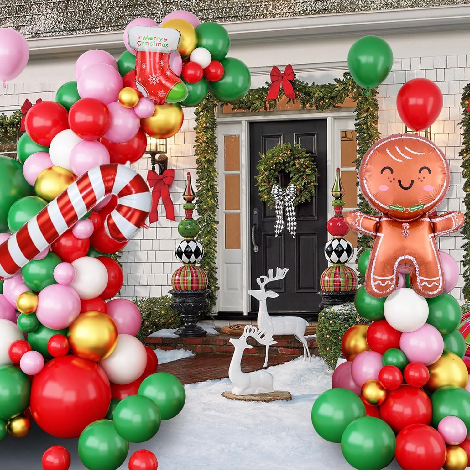 Christmas Balloons Arch, Pink Green Red Christmas Balloons, 5 10 18 Inch Green Pink Gold Christmas Balloon Garland Kit With Cane Gingerbread Man Christmas Socks Foil Balloons For Christmas Party