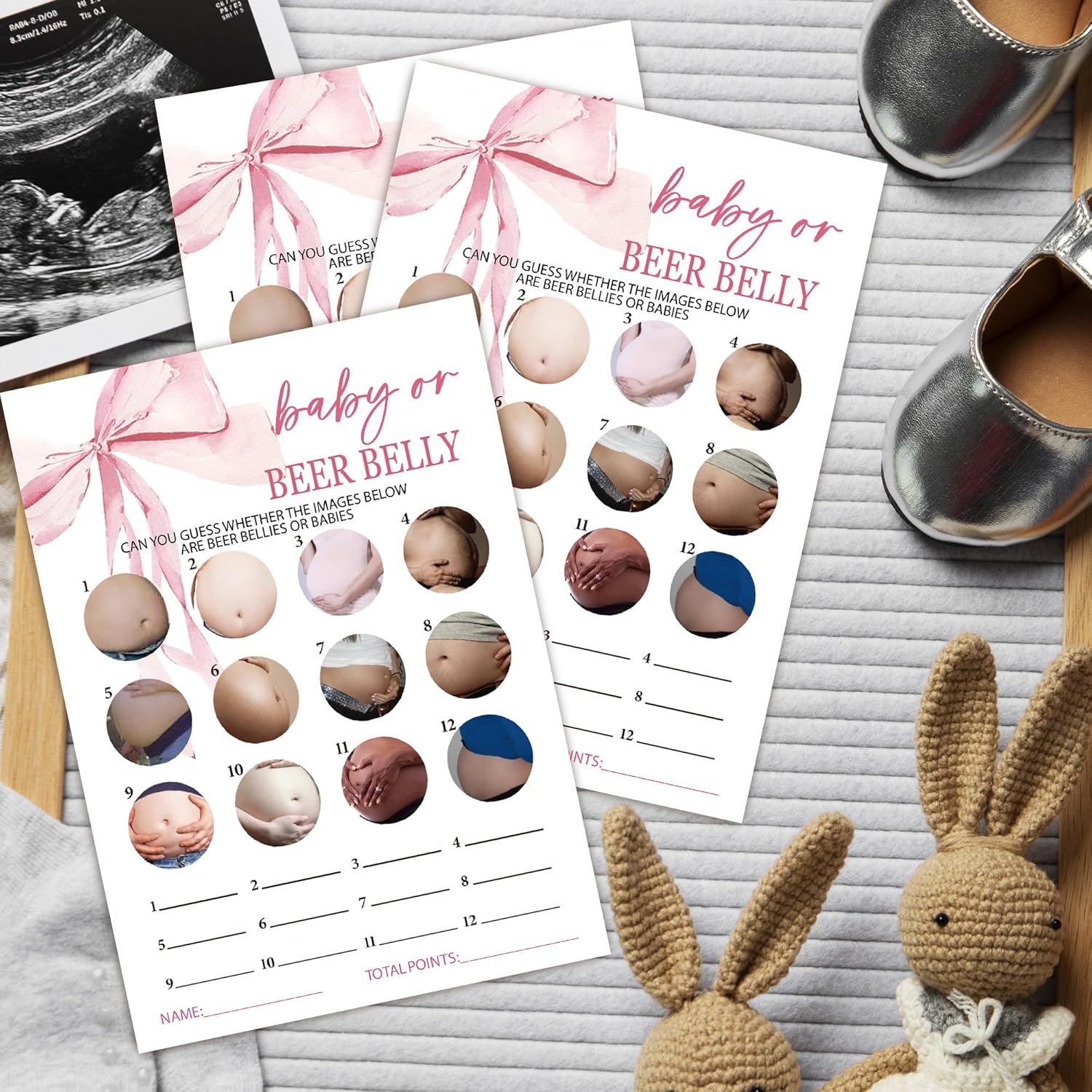 Pink Baby Shower Games For Girl, Beer Belly Game Cards, 25 Gender Neutral Cards With 1 Answer Card, Pink Bow Gender Reveal Party Supply Kit, Baby Shower Decorations(5''X7'')-A08
