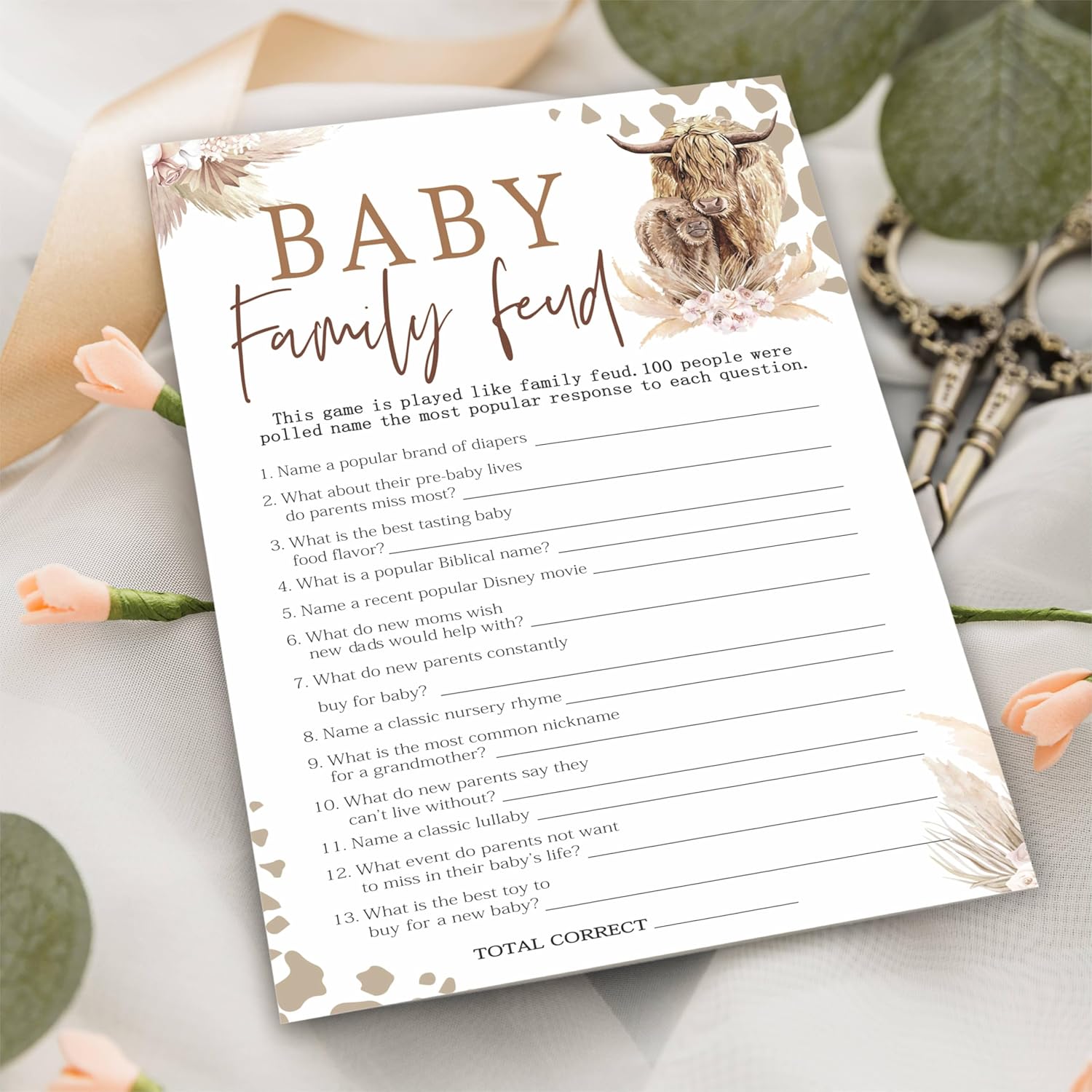 Family Feud Game Kit For Baby Shower - Holy Cow! Western Ranch Theme - 30 Fill In Game Cards & 1 Answer Card For Baby Shower, Gender Reveal Games, Party Favor, Decorations & Supplies - C08