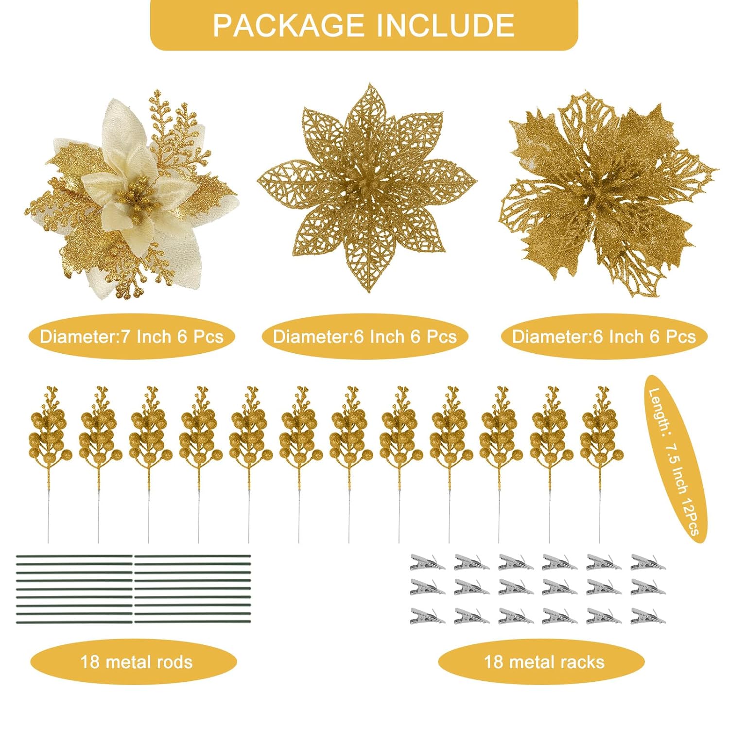 66 Pcs 3 Styles Christmas Glitter Poinsettia Flowers Artificial Berry Picks Christmas Tree Ornaments Artificial Christmas Flowers With Clips For Xmas Wedding Wreath Floral Decorations (Gold)
