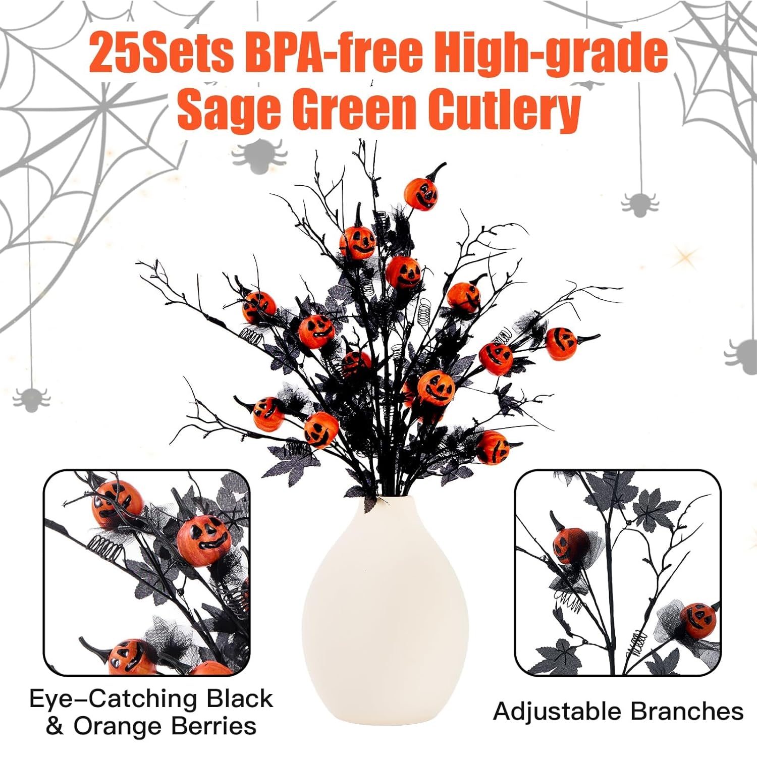 5Pcs Halloween Decorations Indoor, 19.5Inch Artificial Pumpkin Maple Leaf Floral Stems Halloween Branches Decoration, For Home Vase Arrangement Decor - Black.