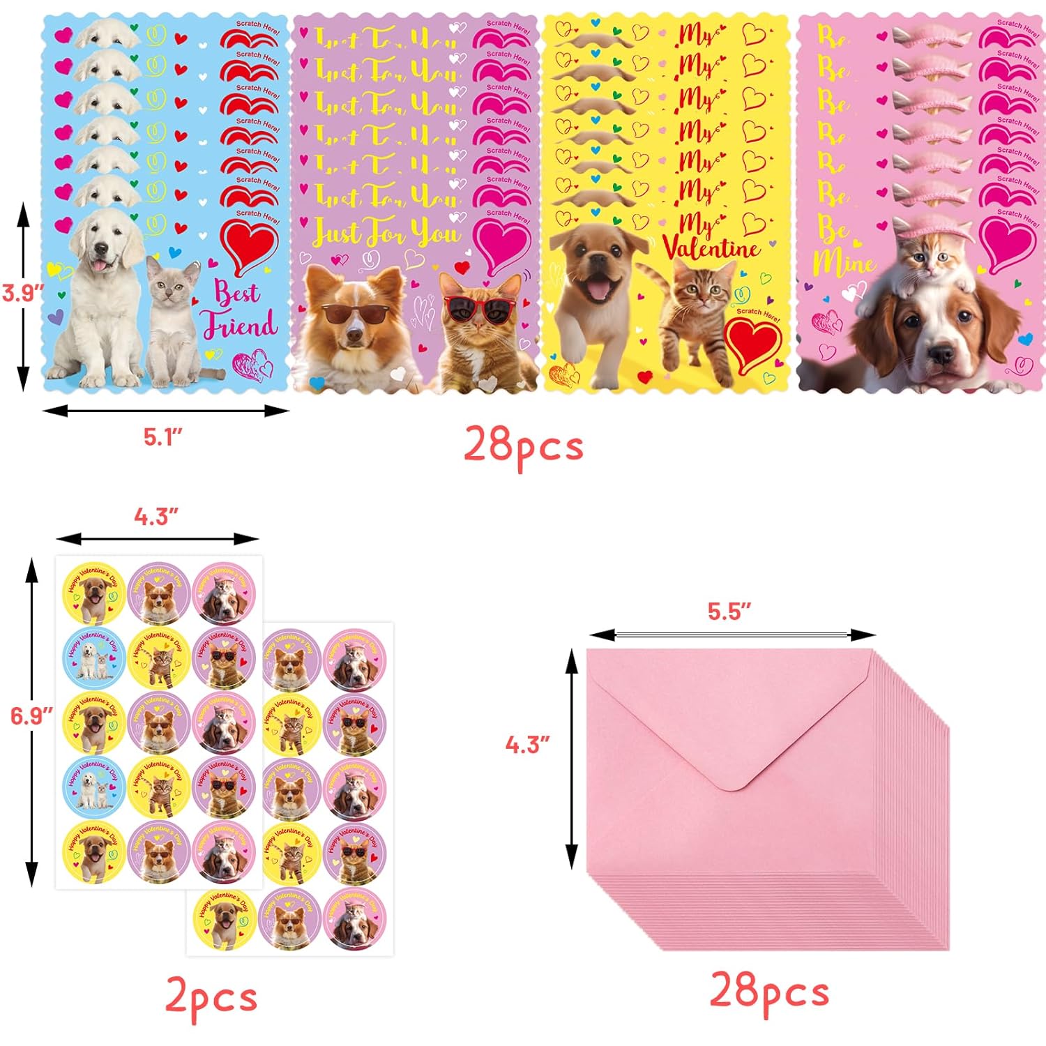 Valentines Cards Scratch Sniff Kitten Card Valentine Strawberry Scented Pet Notecard With Envelopes Stickers For Kids Boys Girls School Classroom Party Favors Exchange Supplies 28Pcs