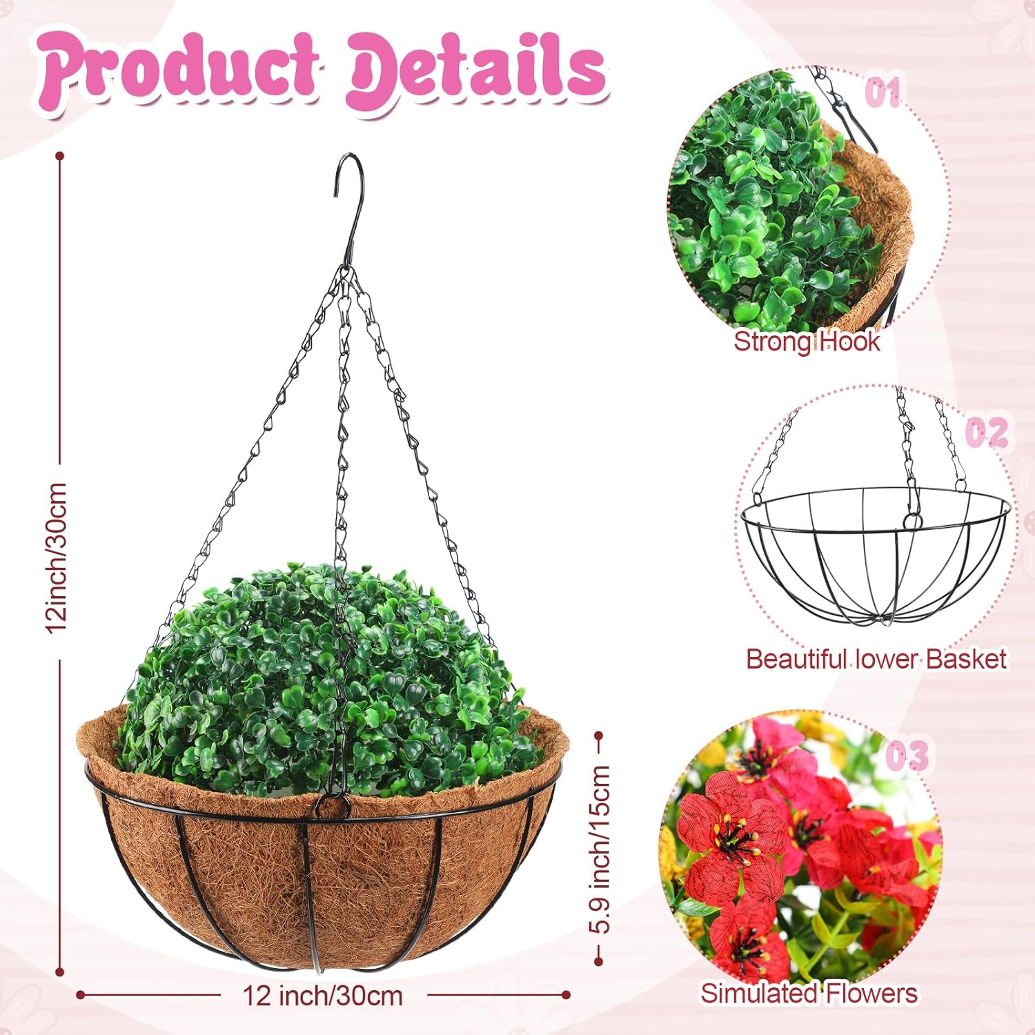 2 Pcs Artificial Hanging Flowers With Fake Basket Outdoor Realistic Hanging Plants With 12 Inch Coconut Lining Basket For Patio Lawn Garden Porch Decor (Mix)