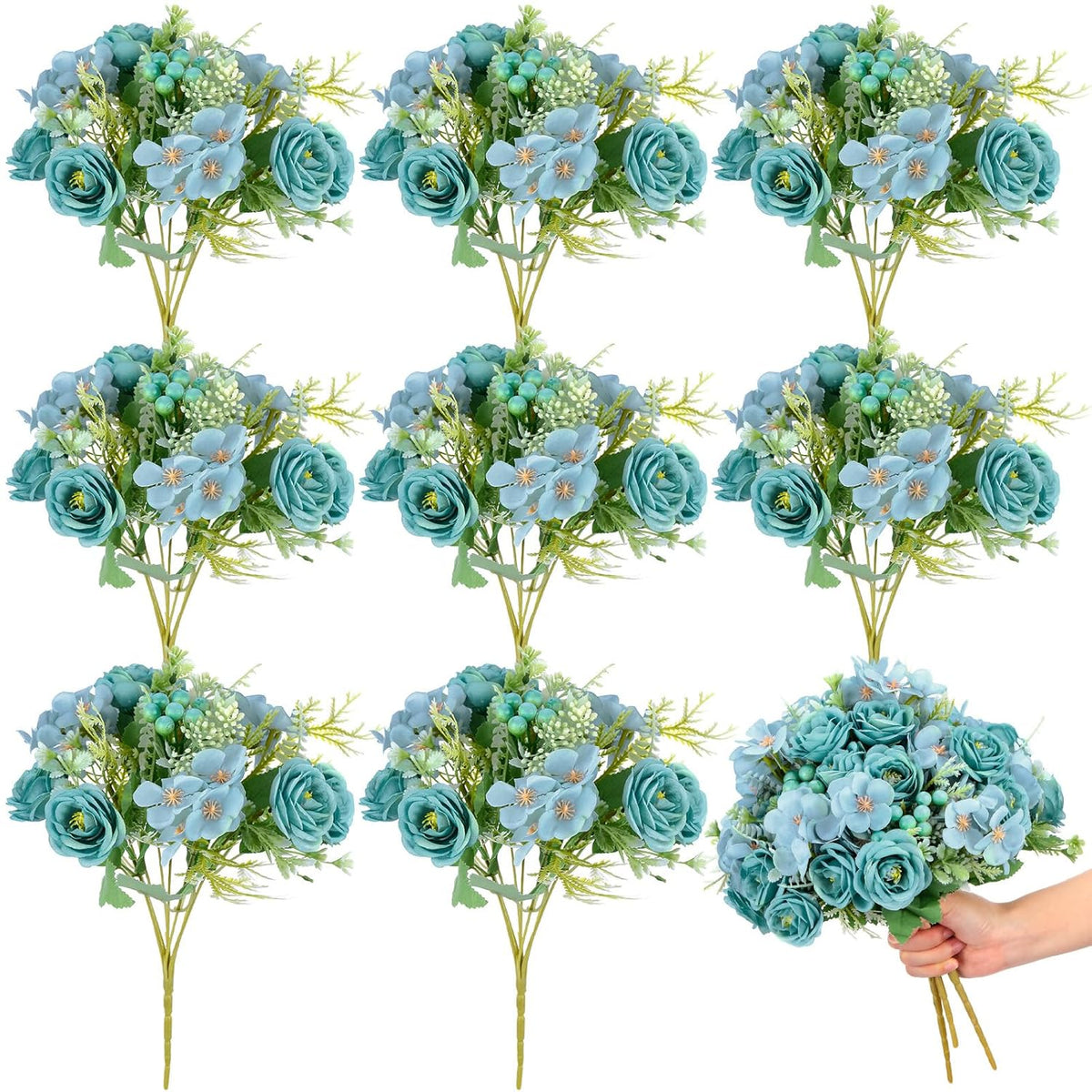 8 Pcs Wedding Artificial Rose Flowers Fake Roses Silk Hydrangea Berry Bouquet 12 Inch Faux Flowers For Bridal Wedding Party Floral Home Decoration Table Centerpieces(Teal Blue)