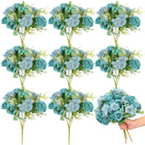8 Pcs Wedding Artificial Rose Flowers Fake Roses Silk Hydrangea Berry Bouquet 12 Inch Faux Flowers For Bridal Wedding Party Floral Home Decoration Table Centerpieces(Teal Blue)